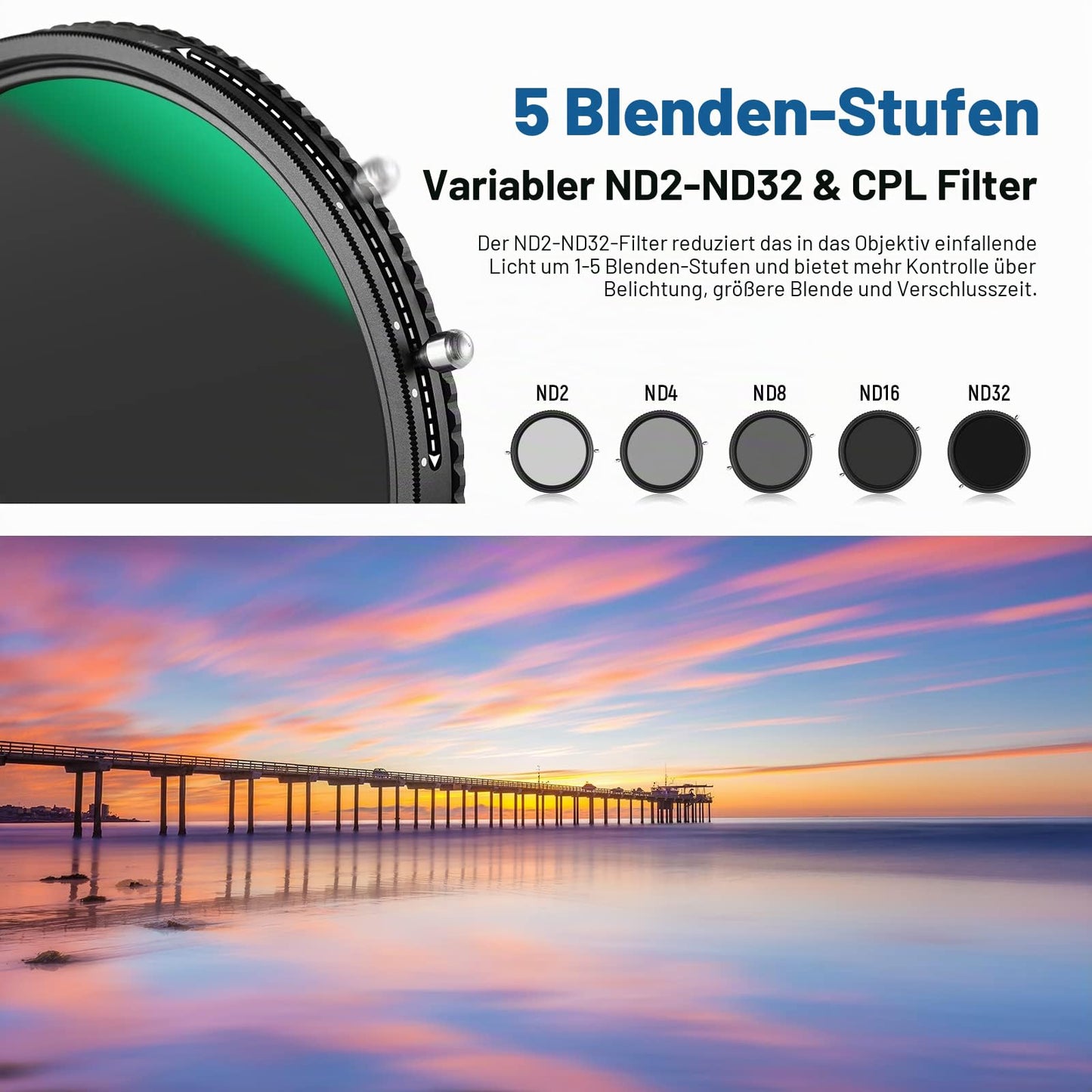 NEEWER 2 in 1 67mm variable ND filter ND2-ND32&CPL filter (circular polarizer) without X marking/30x nano-coated/HD optical glass/ultra-thin aluminum alloy frame/water-repellent/scratch-resistant - 10101185