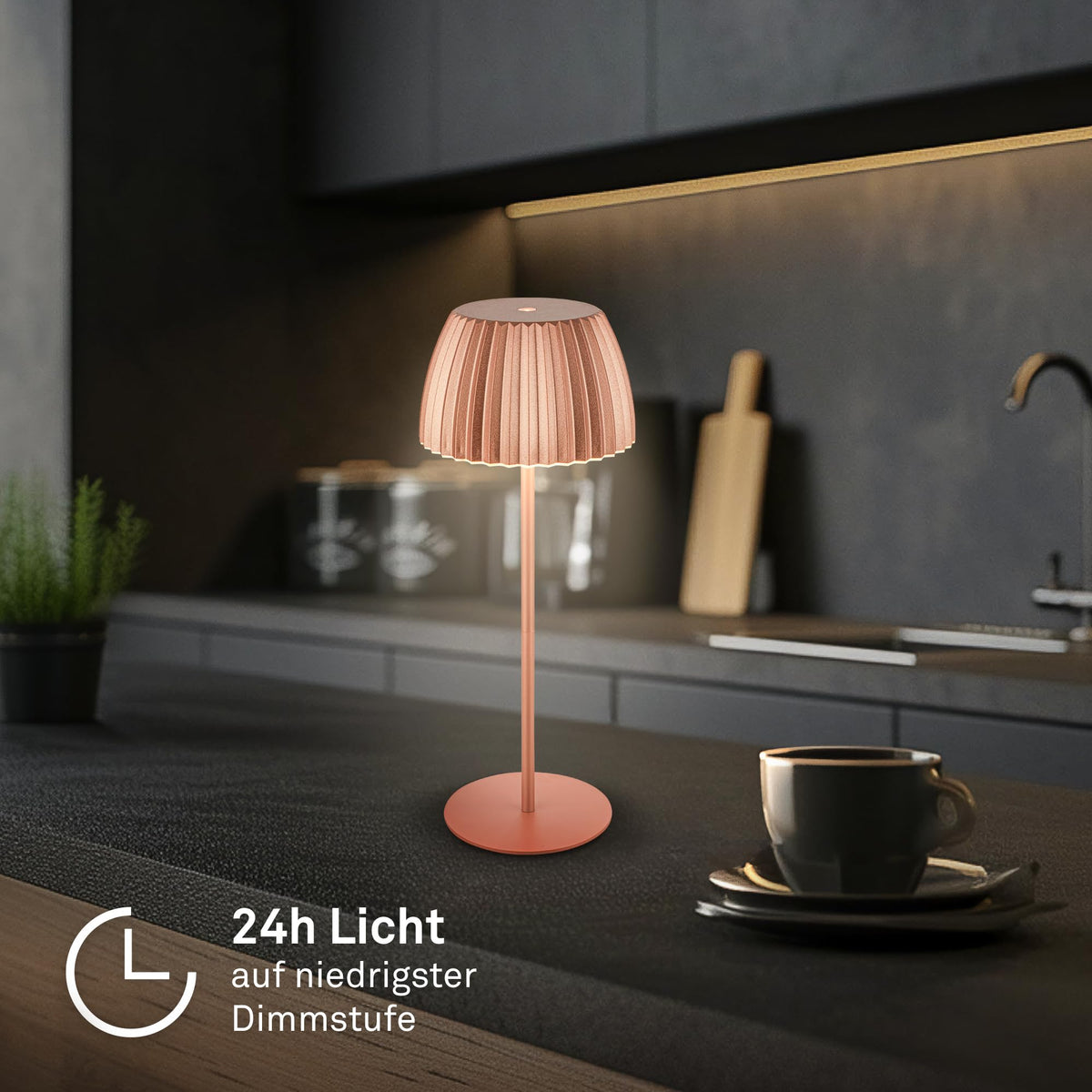 BRILONER - Riffle LED Table Lamp, wireless IP44 with light edge, touch dimmer, replaceable battery, bedside lamp, reading lamp, LED lamp, battery-operated lamp, German Design Award Winner, 14.5x36.5cm, copper color - 7553013