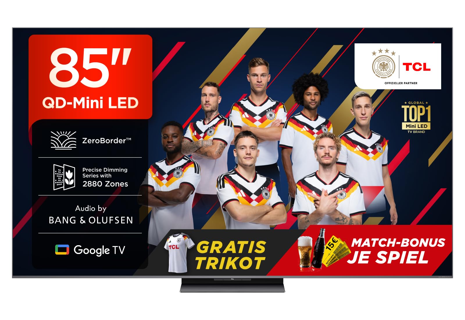 TCL 85Q8C 85 inch QD Mini LED TV, 4K HDR Premium 5000, ZeroBorder™, Smart Google TV, CrystGlow WHVA panel, Bang & Olufsen audio, 144Hz Motion Clarity Pro, Dolby Vision IQ & Atmos