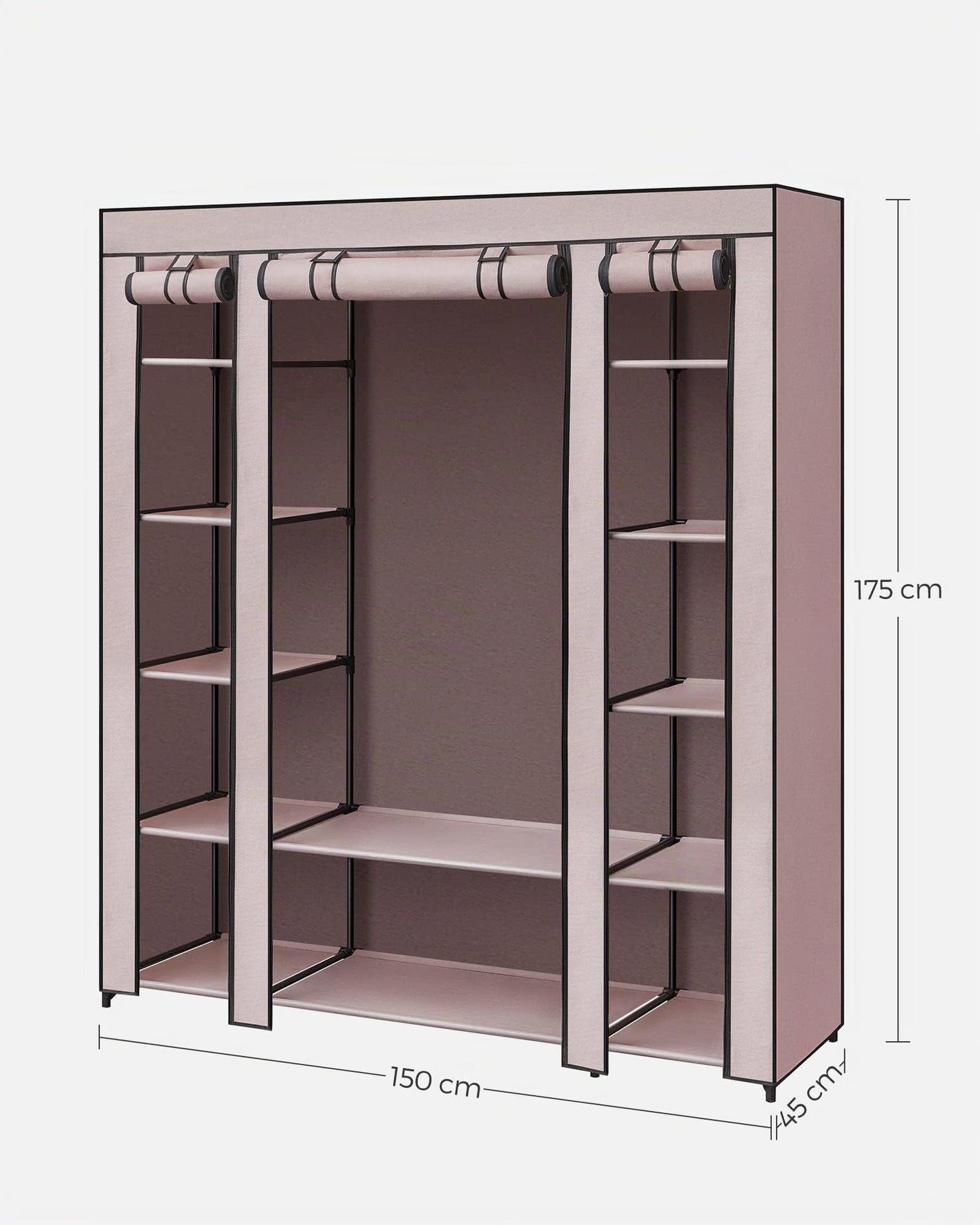 Songmics Fabric Wardrobe Portable Bedroom Clothes Rack with Fabric Cover 45 x 150 x 175 cm 12 Compartments Metal Structure Pink (Powder Pink) LSF003P02