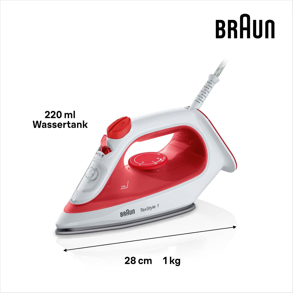 Braun Fier de călcat cu aburi TexStyle 1 SI1019RD, fier de călcat, talpă antiaderentă, 120 g/min impuls de abur, potrivit pentru apă de rețea, încălzire rapidă (35 sec.), 220 ml, 1.900 Watt, roșu