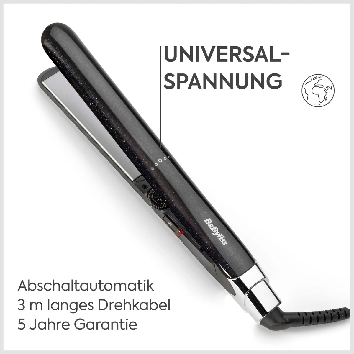 BaByliss Midnight Shine Hair Straightener, hair straightener with titanium-ceramic plates, extra long styling plates, 13 temperature settings (170–235°C), quick heat-up, anti-frizz shine finish, ST590E