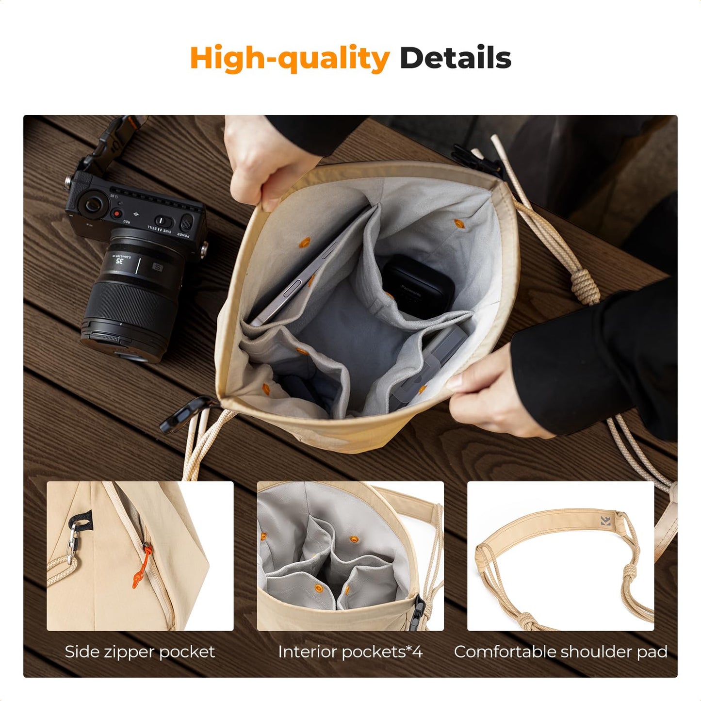 K&F CONCEPT Camera Bag, Fashionable Shoulder Bag, Portable Lightweight Camera Bag, Suitable for Small Liner Bag with Mirrorless Camera, Beige - KF13.168V1