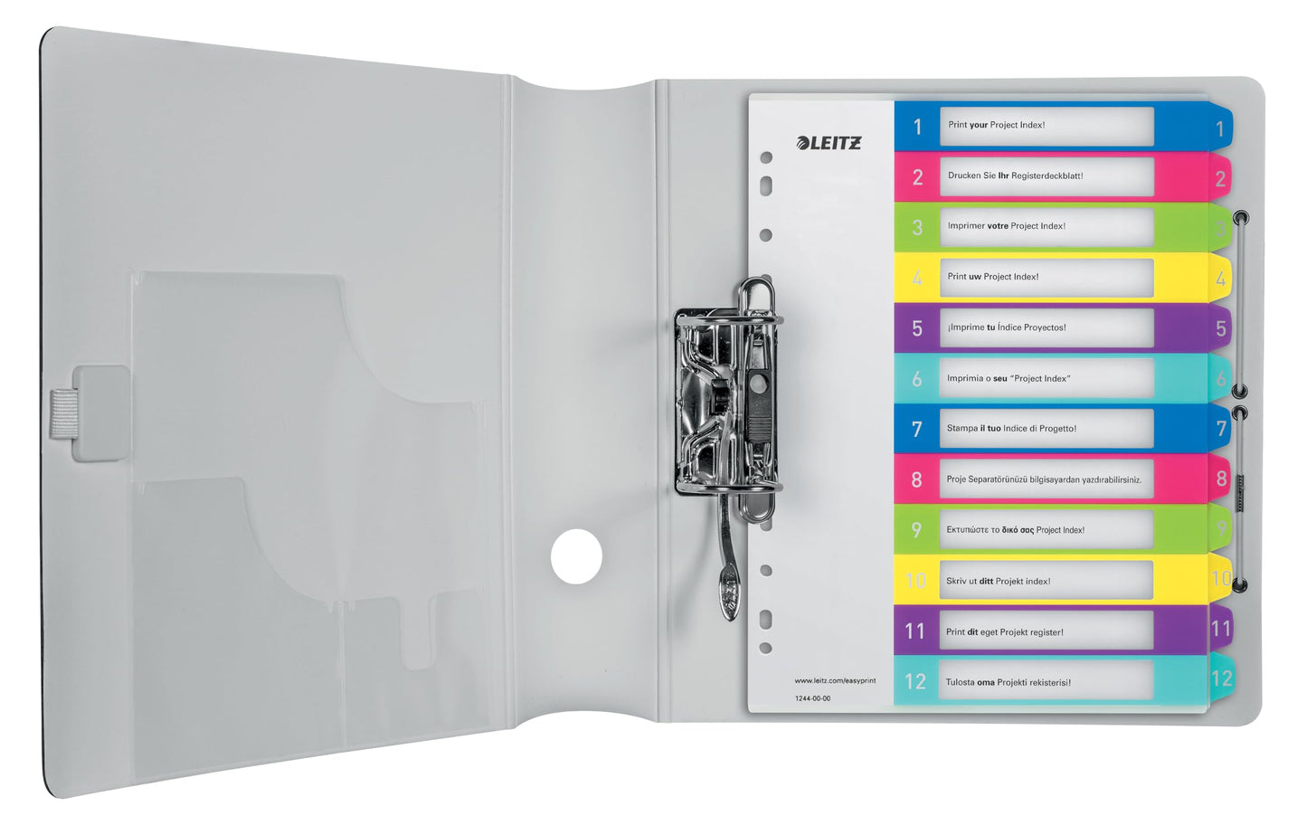 Leitz index for A4, pack of 10, PC-writable cover sheet and 12 dividers, tabs with numbers printed 1-12, extra width, multi-colored, polypropylene, WOW, 12440000