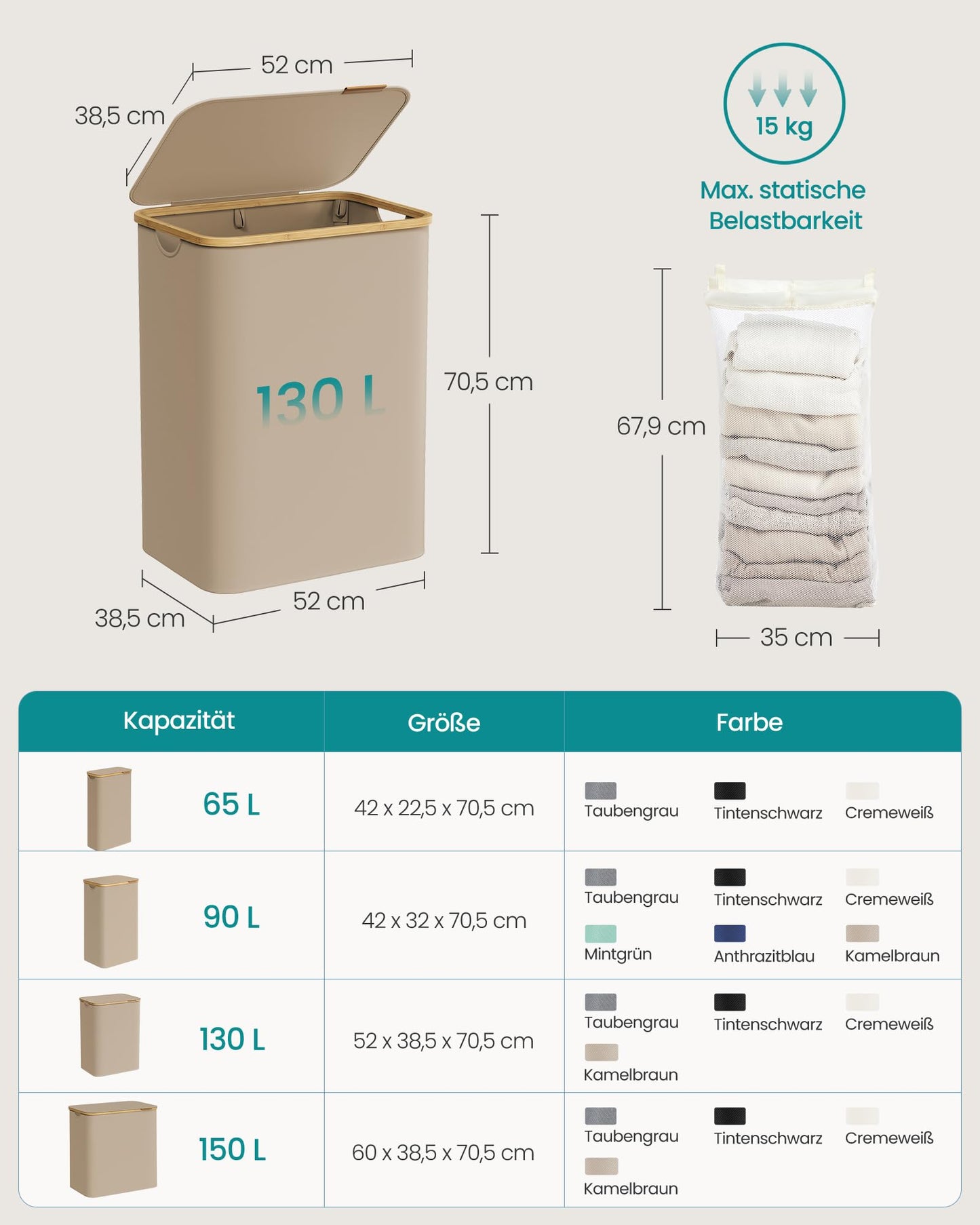 SONGMICS Laundry Basket with Lid, Laundry Hamper with 2 Compartments, 130L, Removable Laundry Bag, Oxford Fabric, Bamboo Handles, Foldable, 52 x 38.5 x 70.5 cm, Camel Brown LCB513LJ01 - PCT611W01