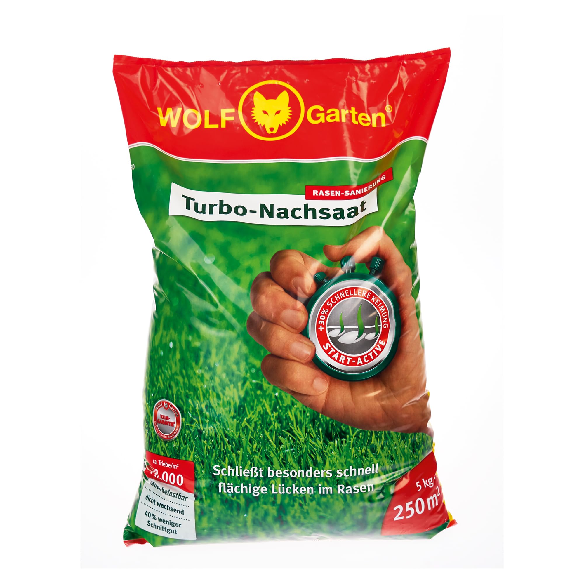 WOLF-Garten turbo reseeding for lawn renovation LR250 (for 250 m2, high density with approx. 70,000 shoots/m2, suitable for all lawn types, with WOLF-Garten germination guarantee, in a 5kg foil bag) 3826050