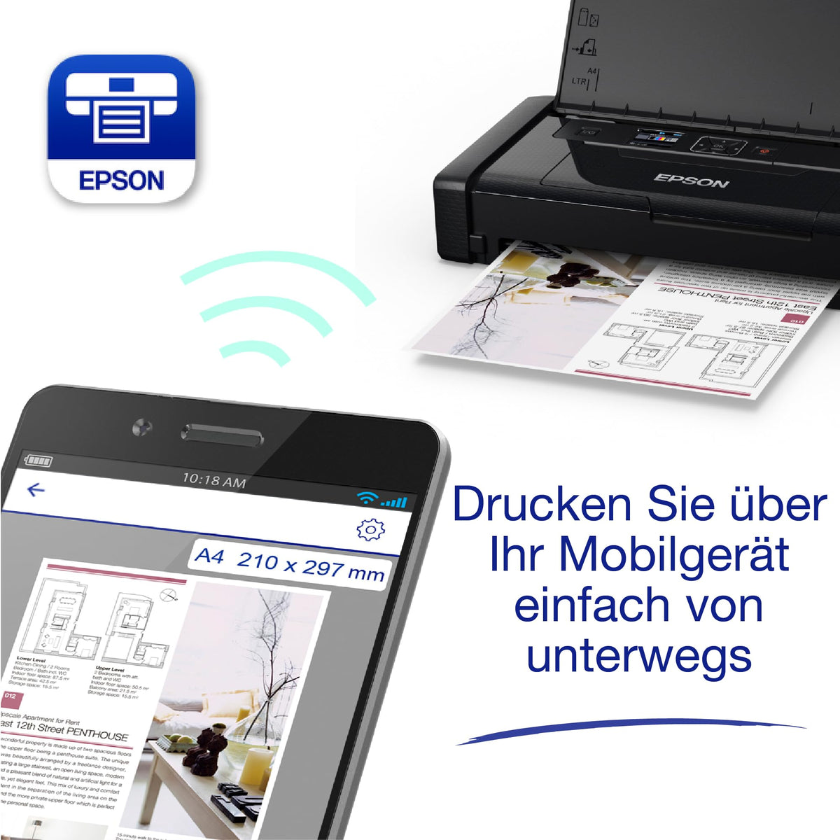 Epson Workforce WF-110W portable inkjet printer (A4, WiFi Direct, printer, mobile printing, USB, built-in battery, only 1.6 kg weight) black - C11CH25401