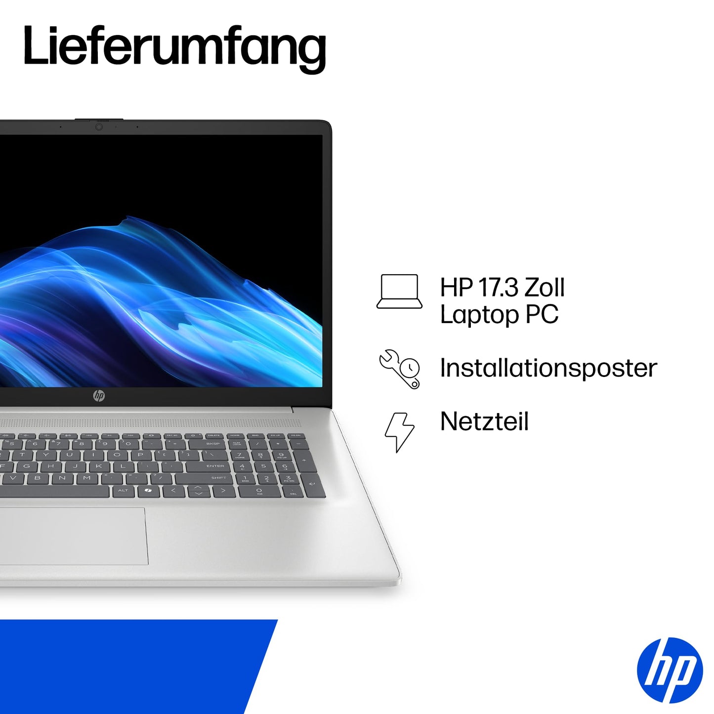 HP laptop with 17.3" FHD display, Intel Core i7-1355U, 16 GB DDR4 RAM, 1 TB SSD, Intel Iris graphics, Windows 11, QWERTZ, silver incl. 25 GB Dropbox storage for 12 months - BZ8R5EA#ABD