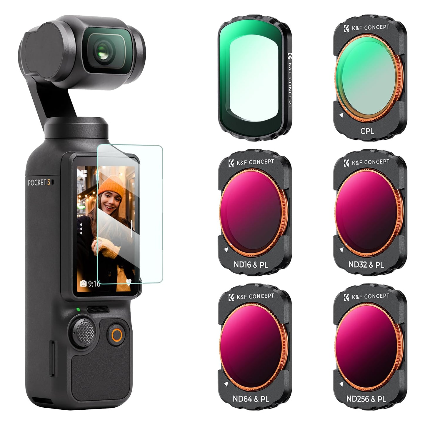 K&F CONCEPT magnetic filter set, compatible with DJI OSMO Pocket 4/3, pack of 6 UV, CPL, ND16/PL, ND32/PL, ND64/PL, ND256/PL filters, Osmo Pocket 4/3 accessories (aluminum frame) - SKU.2149