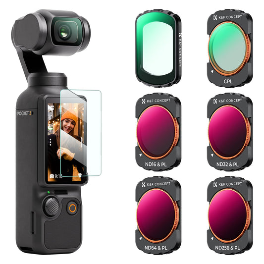 K&F CONCEPT magnetic filter set, compatible with DJI OSMO Pocket 4/3, pack of 6 UV, CPL, ND16/PL, ND32/PL, ND64/PL, ND256/PL filters, Osmo Pocket 4/3 accessories (aluminum frame) - SKU.2149