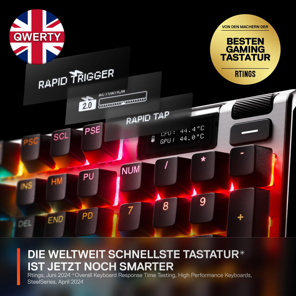 SteelSeries Apex Pro Gen 3 - Tastatur pentru gaming - Switch-uri Hall Effect; OmniPoint 3.0 - Actuare ajustabilă - Presetări pregătite pentru joc - Trigger rapid, Mod de protecție, Rapid Tap/SOCD - QWERTY în engleză - 64661