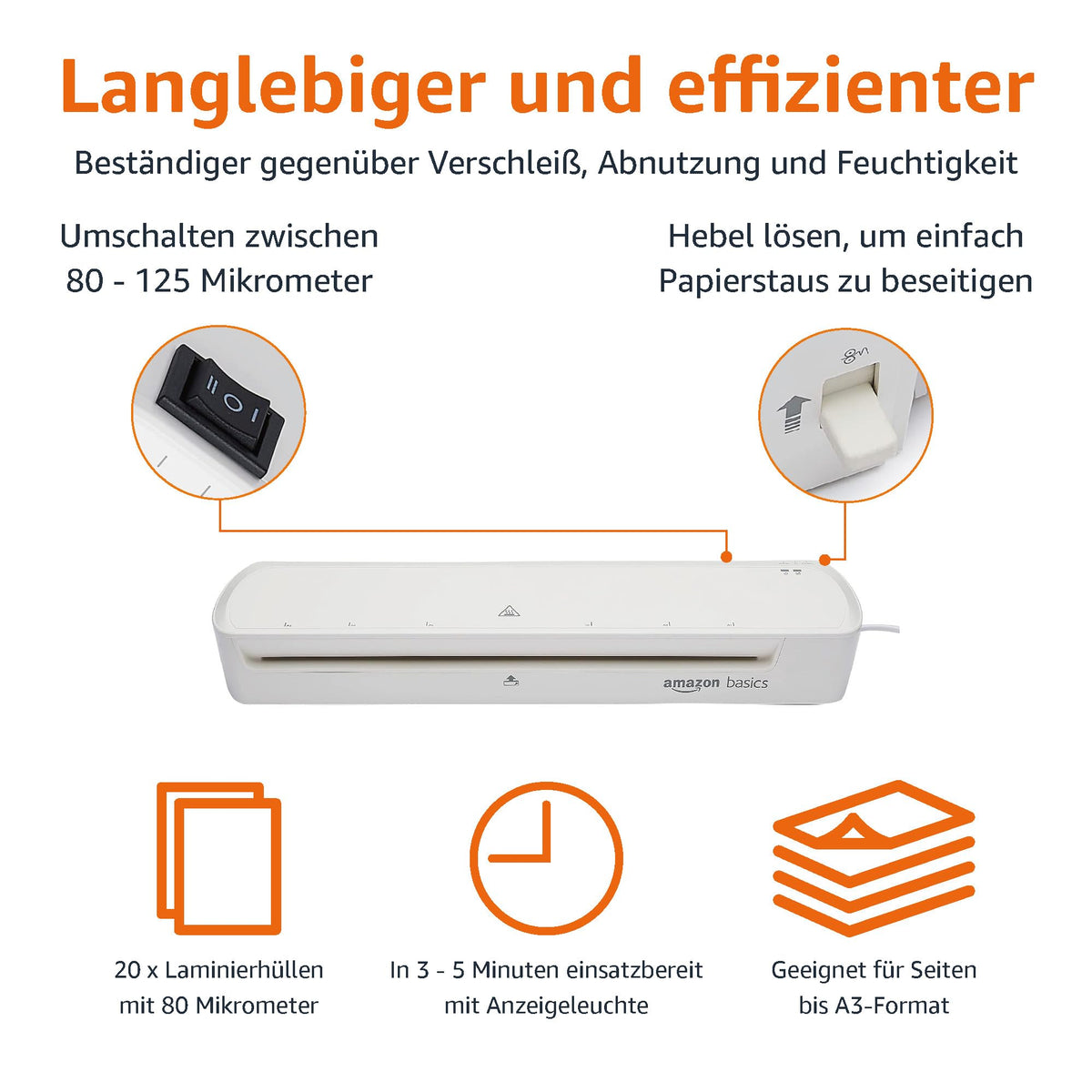 Amazon Basics Laminating Machine A3 Format, White, Including 20 Laminating Pouches - BS1-WHT-TW