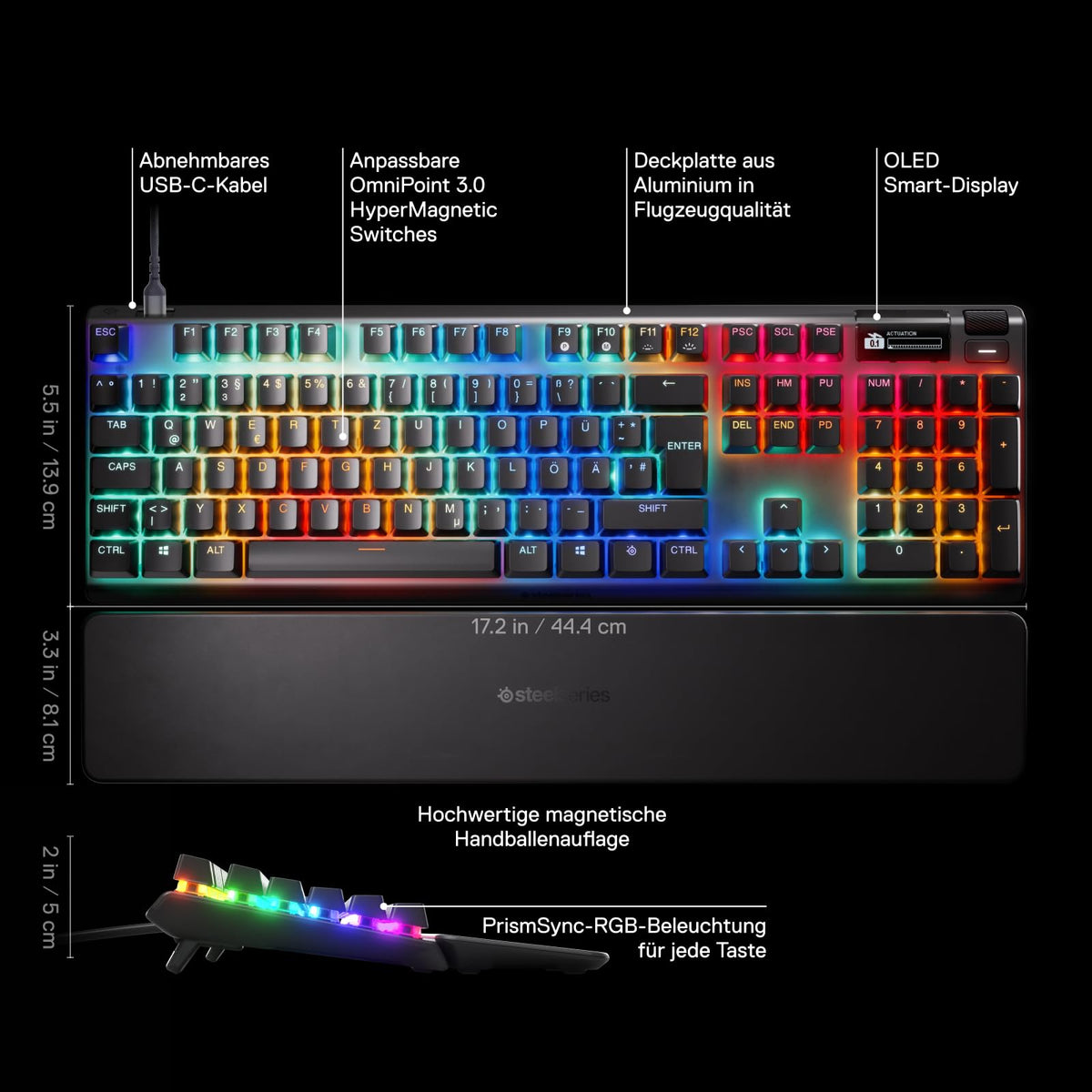 SteelSeries Apex Pro Gen 3 - Gaming Keyboard - Hall Effect Switches; OmniPoint 3.0 - Adjustable Actuation - Game-Ready Presets - Rapid Trigger, Protection Mode, Rapid Tap/SOCD - German QWERTZ - 64663