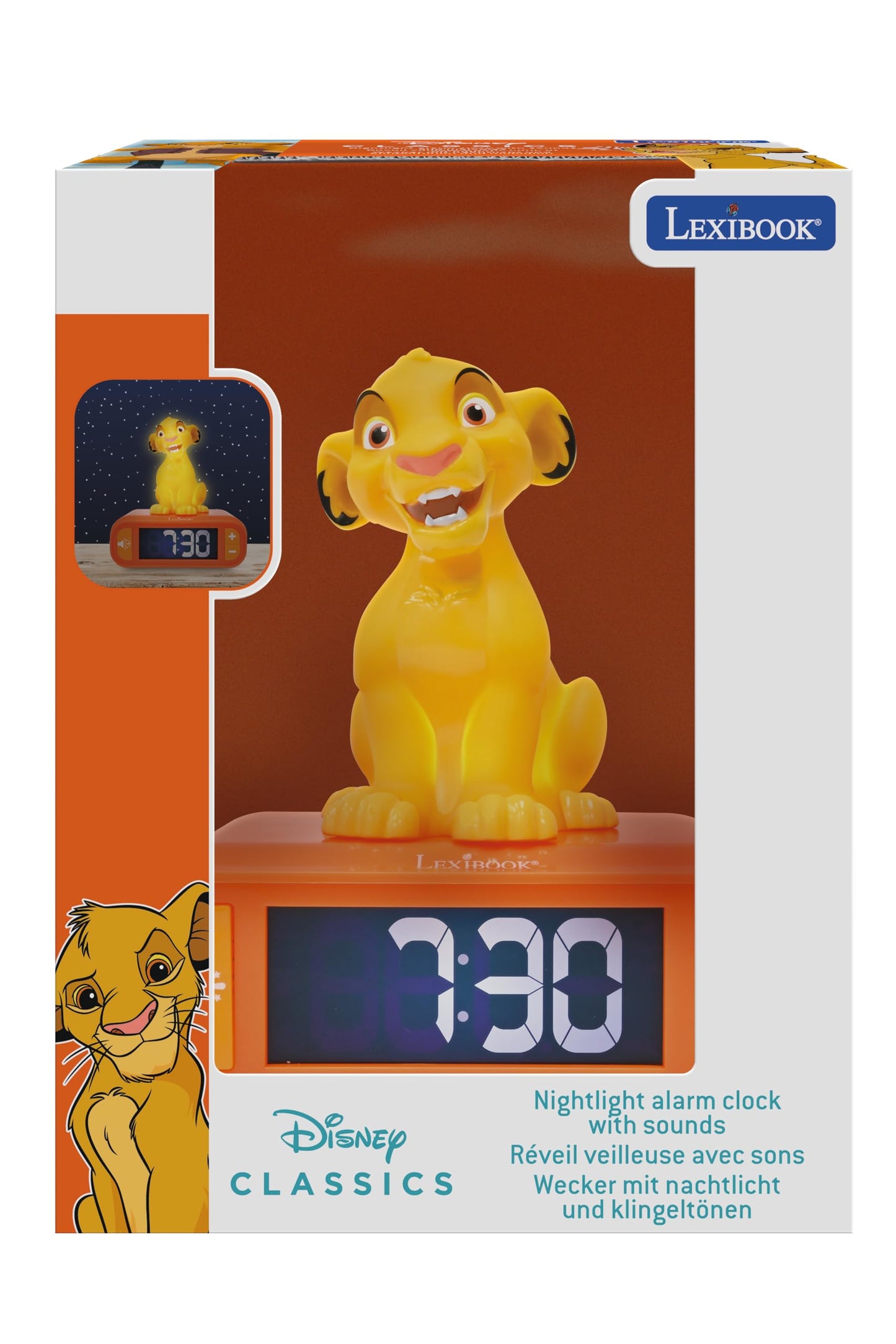 Lexibook, Disney The Lion King, Simba Night Light Alarm Clock, Sounds and Melodies, LCD Screen with Backlight, Lighting, Snooze Function, Yellow/Orange, RL800AN