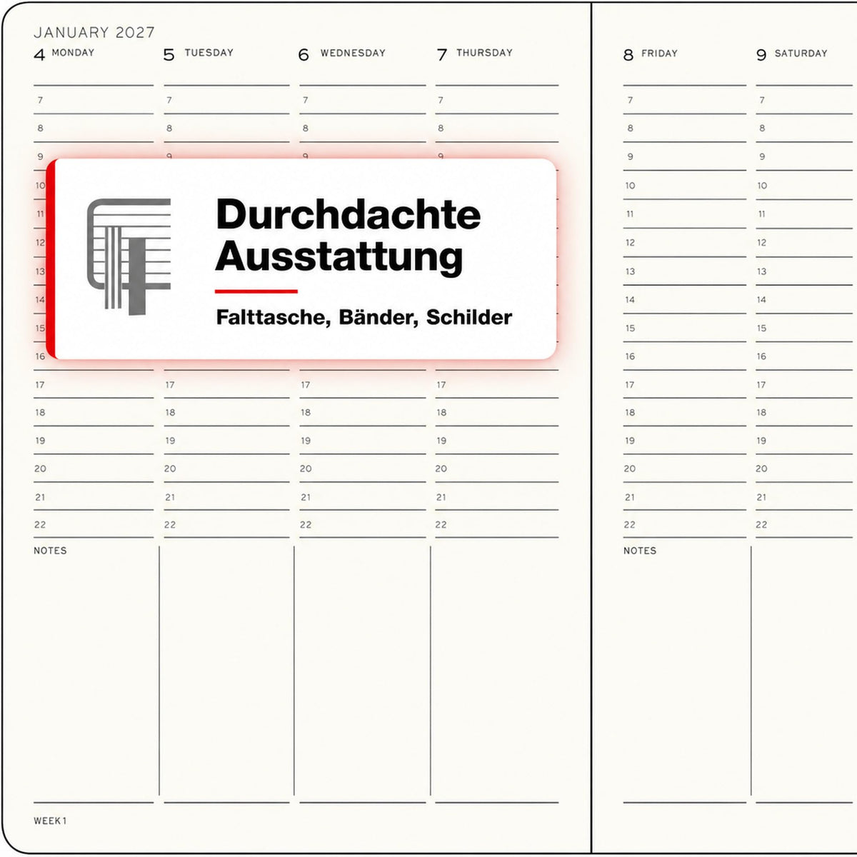 LEUCHTTURM1917 Weekly Planner 2027 Composition (B5) - English, Sunflower, 254 x 178 mm, January-December (12 months), weekly overview with hourly grid 7:00-22:00 per column, hardcover, 80 g/m² paper - 400310