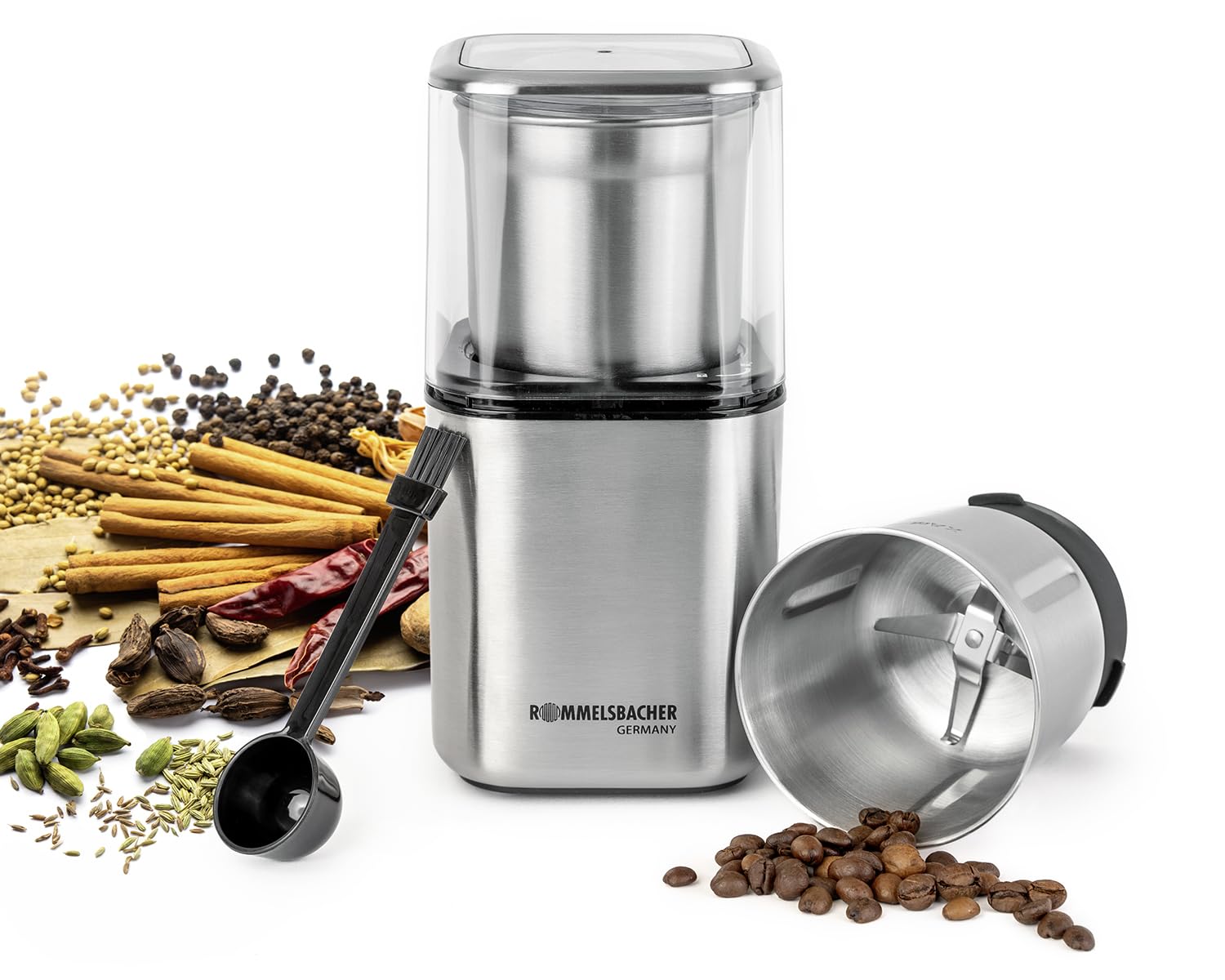 ROMMELSBACHER spice and coffee mill EGK 200, 2 stainless steel containers with impact knife & special knife, capacity 70 g, grinding level selectable over grinding time, also for pesto, spices, nuts, sugar, 200 watts