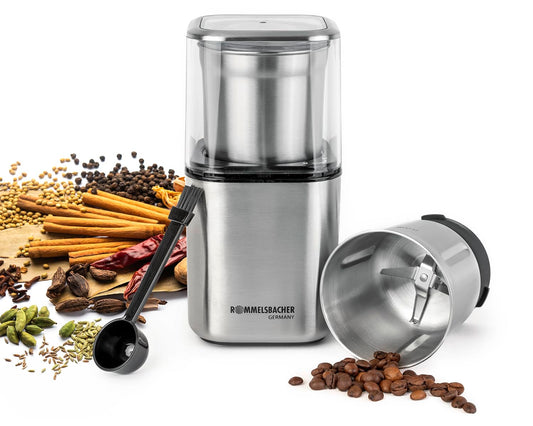 ROMMELSBACHER spice and coffee mill EGK 200, 2 stainless steel containers with impact knife & special knife, capacity 70 g, grinding level selectable over grinding time, also for pesto, spices, nuts, sugar, 200 watts
