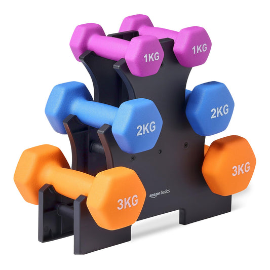 Amazon Basics Neoprene Dumbbell Weights Set with Stand, 1, 2, 3 kg Pairs - GND012