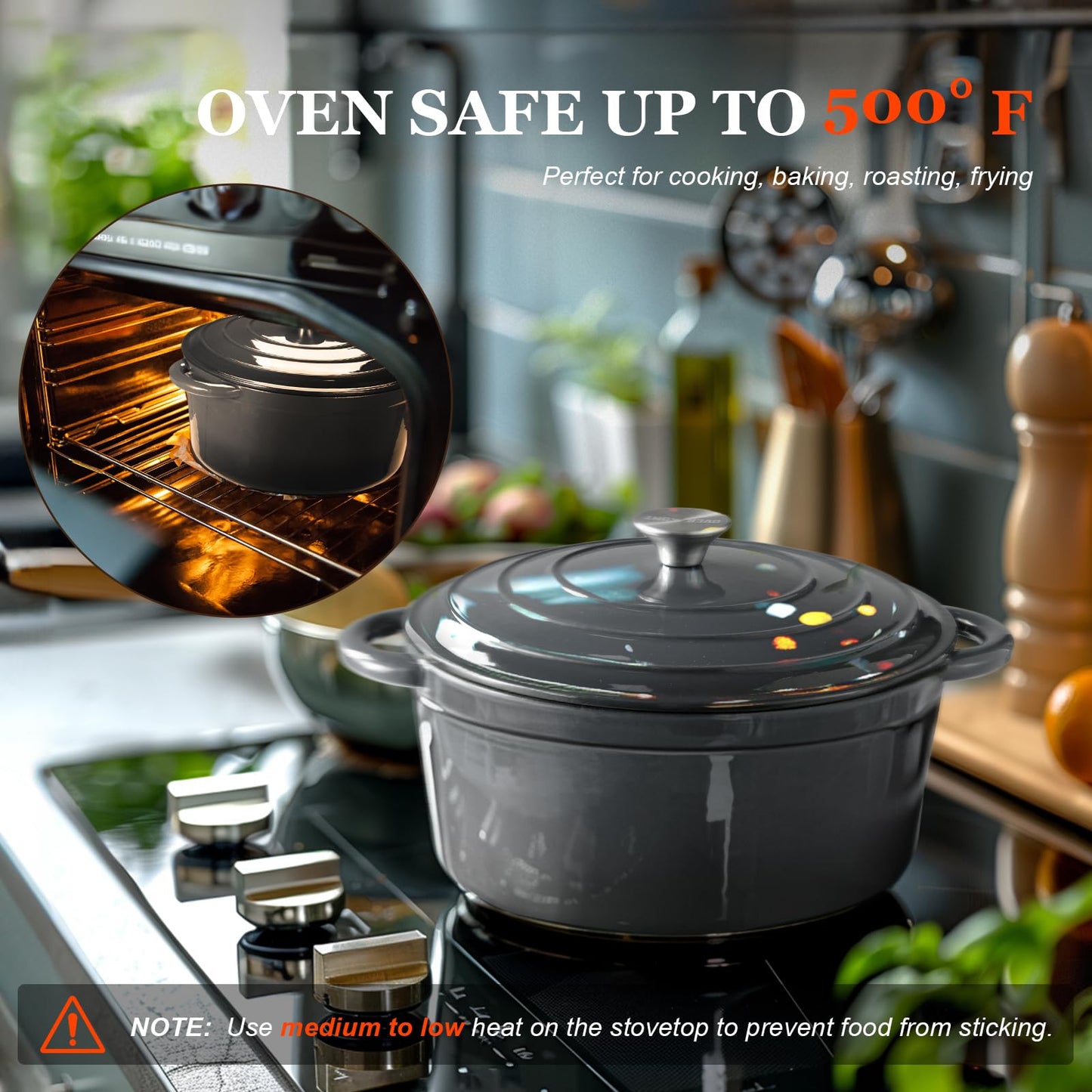 Overmont roasting pan enamel cast iron pot - casserole dish 24cm oven-safe - with lid and cookbook - for kitchen baking stewing roasting gray - Enamelled