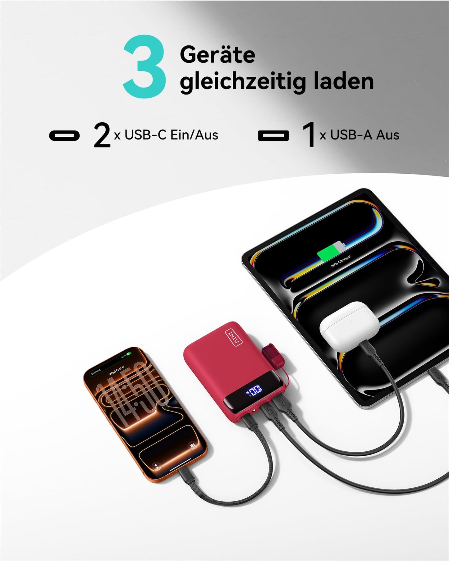 INIU Ultra Small 20000mAh Power Bank, 22.5W Quick Charge PowerBank with Removable USB C Cable, Suitable for Flight & Travel Essential, External Mobile Phone Batteries for iPhone 17 16, Commuting, Daily Use, Red - P51