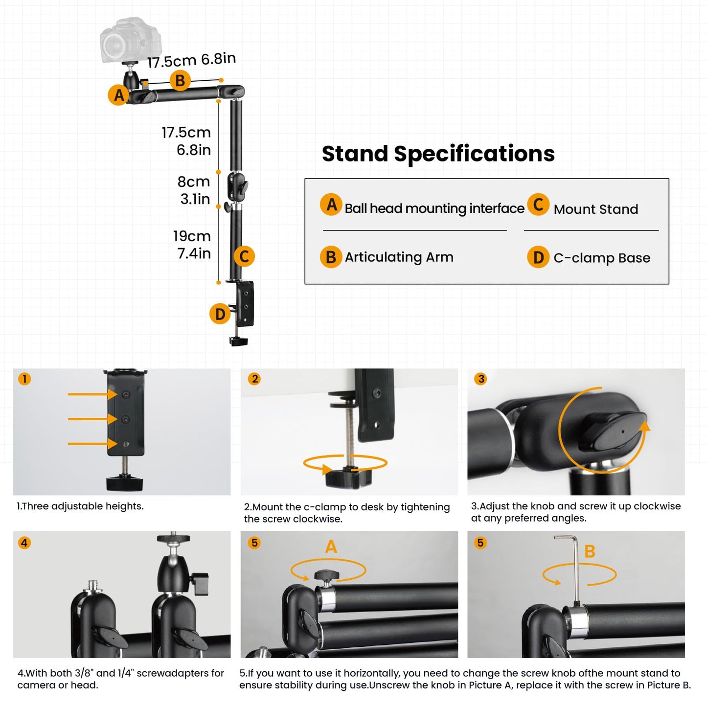TARION Overhead Tripod Camera Table Tripod Clamp Tripod Flexible Articulated Arm Table Holder with 3/8'' Thread and 3/8'' to 1/4'' Screw Adapter for DSLR Cameras Ring Light Projector (M) - 1628700-US