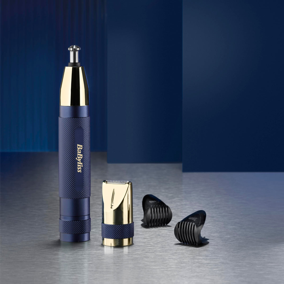 BaByliss Super-X Metal Series Trimmer pentru nas, urechi și sprâncene pentru bărbați, kit de îngrijire, cadouri pentru bărbați (Aur/Albastru) - E112U