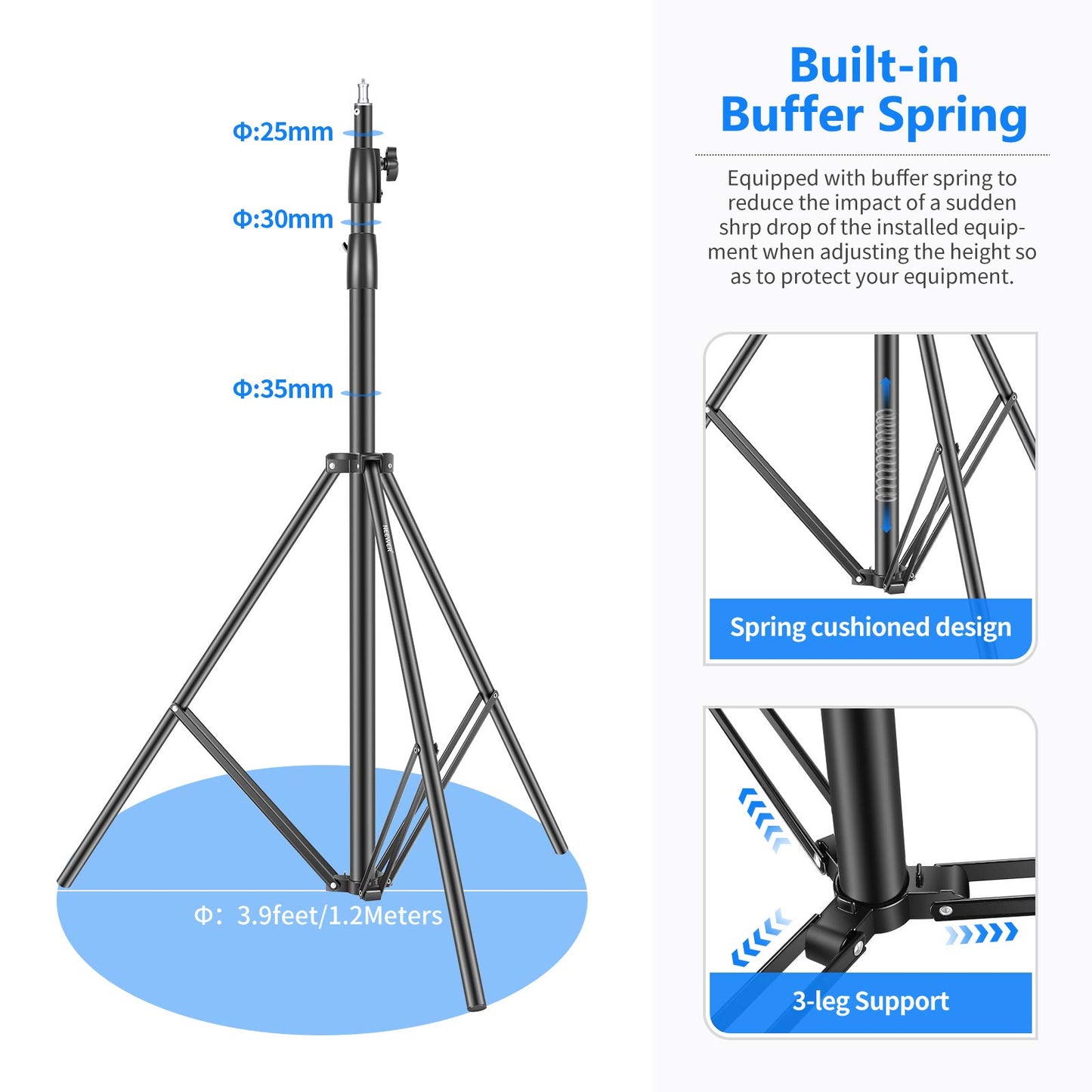 NEEWER High Performance Light Stand 3 Meters Adjustable Spring Padded Metal Photography Tripod Stand for Photo Studio Softbox Flash Monolight Ring Light and Other Photo Equipment (Black) - 10097834