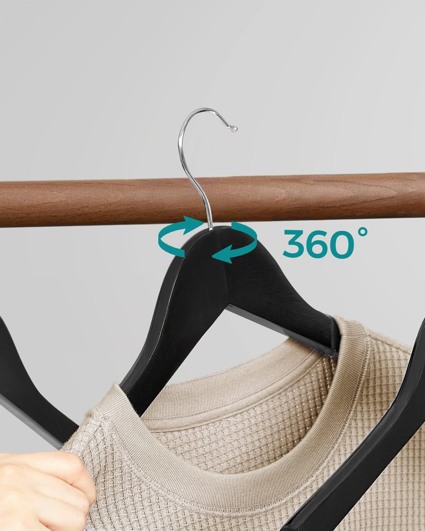 SONGMICS wooden clothes hangers, set of 50, hangers made of solid wood, notches in the shoulder area, non-slip trouser bar, 360° rotating hook, for suits, shirts, black-silver CRW02B-50