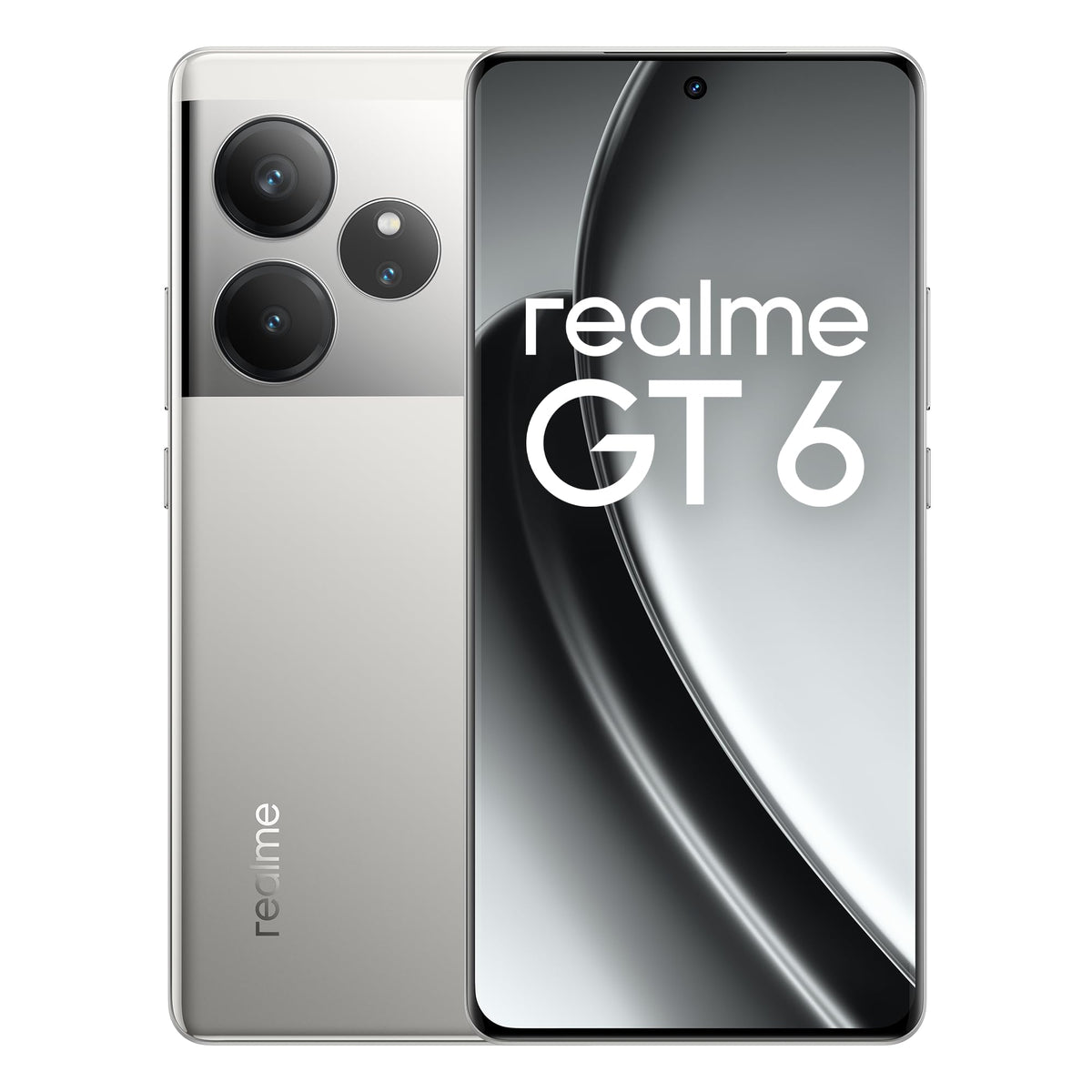Smartphone realme GT6 5G 12+256 GB, chipset Snapdragon 8s Gen 3, display ultra luminos 6000nit, cameră Sony LYT-808 OIS, încărcare 120W SUPERVOOC, baterie masivă de 5500mAh, Fluid Silver (fără adaptor) - RMX3851