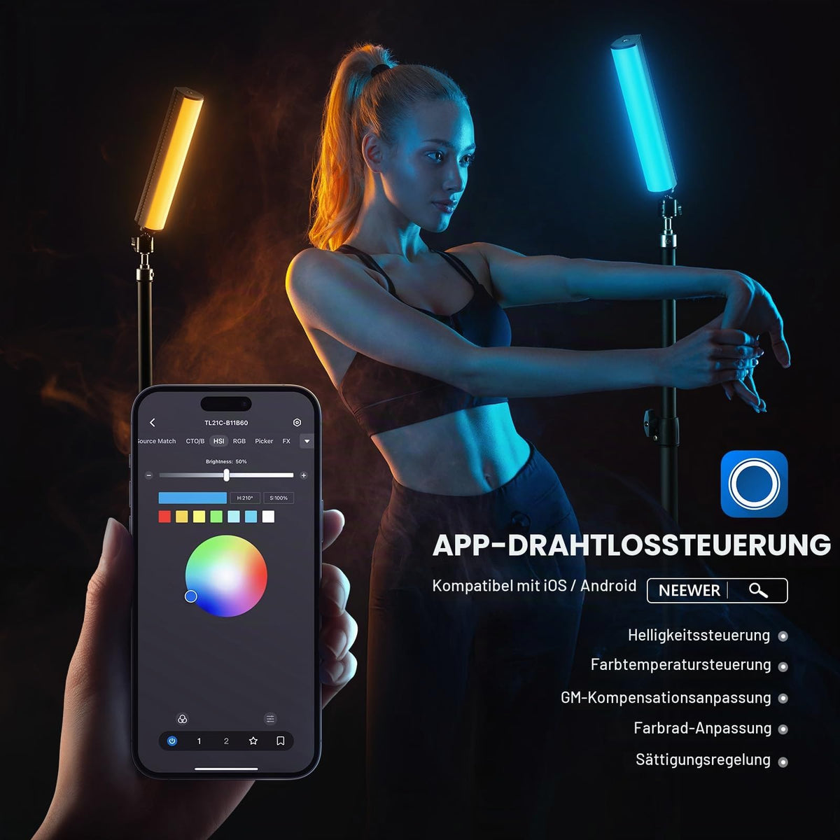 NEEWER RGB Light Stick with Table Tripod, APP controlled magnetic handheld photography video light stick, 2500K-8500K dimmable CRI95+ 17 scenes full-color LED tube bar for Vlog, 2550mAh battery TL21C