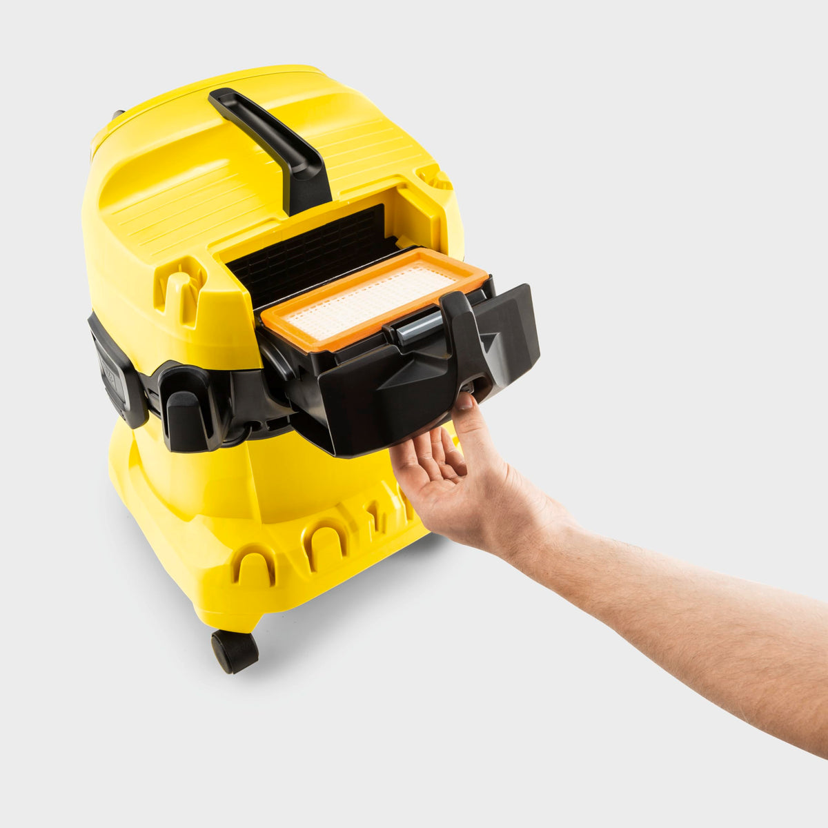 KÄRCHER WD 4 V-20/5/22 Wet & Dry Vacuum Cleaner, 20 l plastic container, 5 m cable, 2.2 m suction hose, clip floor nozzle, "Pull & Push" locking system, flat pleated filter and fleece filter bag, Yellow - 1.628-209.0
