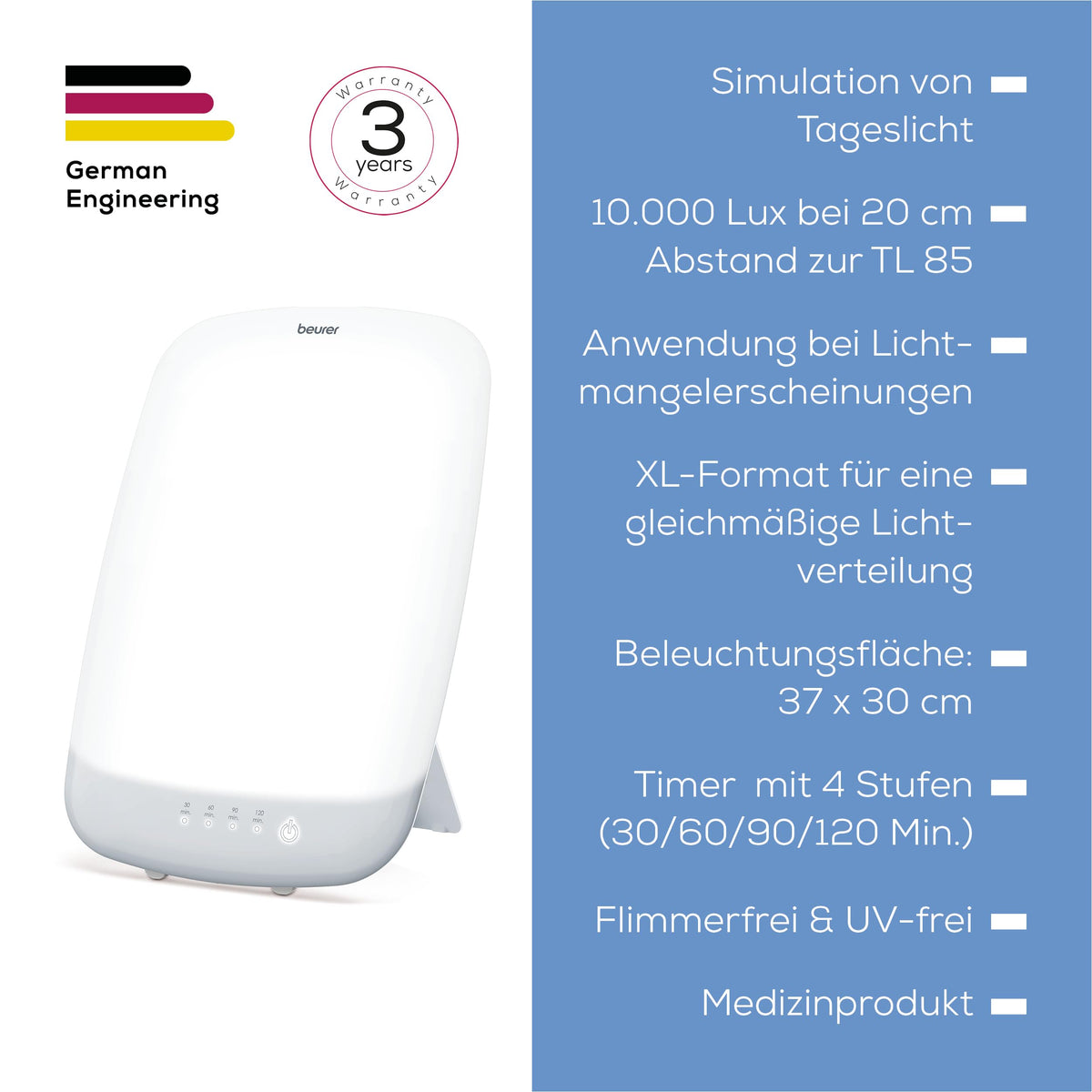 Beurer TL 85 Daylight Lamp, TEST WINNER Stiftung Warentest, Simulation of daylight, 14,000 Lux brightness, medical device, for use in cases of light deficiency, with timer (30, 60, 90, 120 min.)