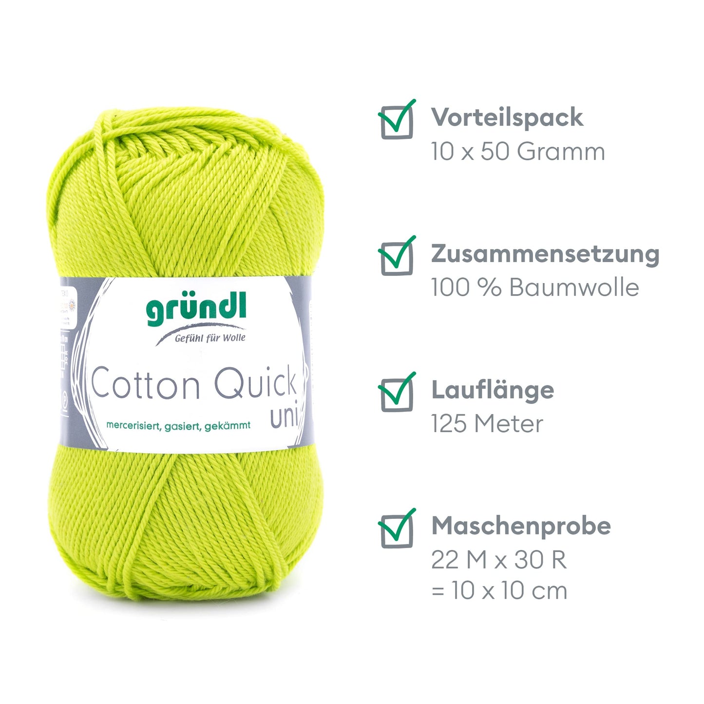 Gründl Wolle Cotton Quick uni - thin wool for crocheting - knitting yarn - crochet yarn - shiny and skin-friendly - 100% cotton - 10 balls 50 g / 125 m - needle size 3-4 - light green - 865-144