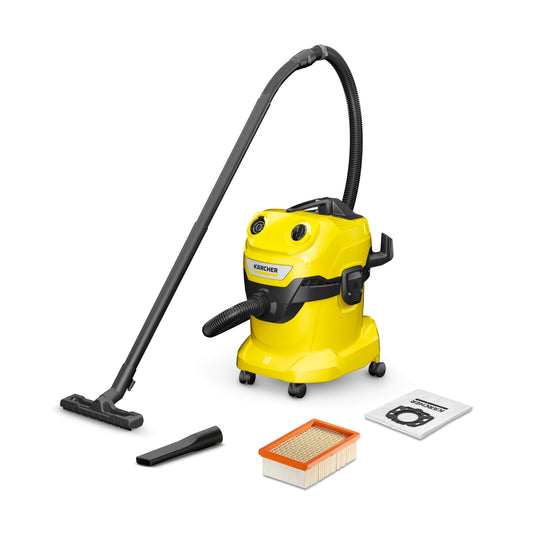 KÄRCHER WD 4 V-20/5/22 Wet & Dry Vacuum Cleaner, 20 l plastic container, 5 m cable, 2.2 m suction hose, clip floor nozzle, "Pull & Push" locking system, flat pleated filter and fleece filter bag, Yellow - 1.628-209.0