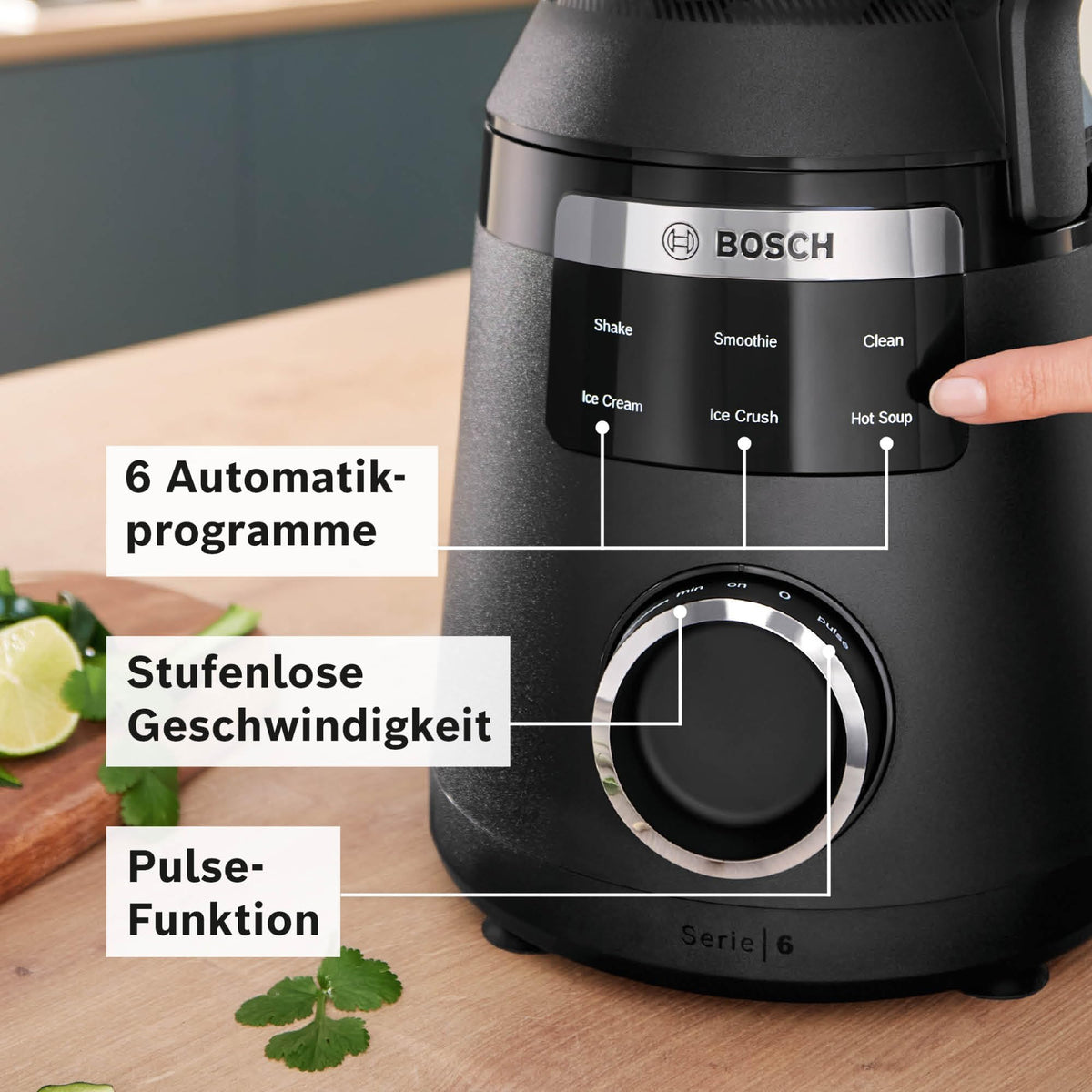 Bosch Highspeed Blender, Smoothie Maker, 45,000 RPM, 6 Programs (including hot soup & cleaning), 2 L Mixing Container, dishwasher-safe parts, Made in Europe, 1800W, VitaPower Series 6 MMBD665B1