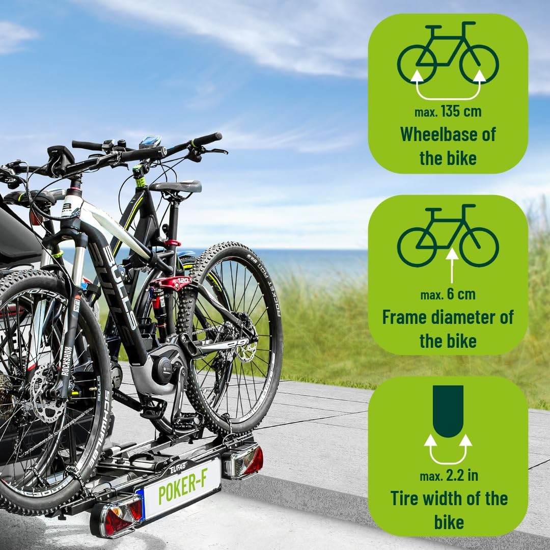 EUFAB 12010LAS bicycle carrier POKER-F, suitable for e-bikes, completely pre-assembled, anti-theft protection, for 2 bicycles, for trailer hitch, black, 142 x 70 x 58 cm