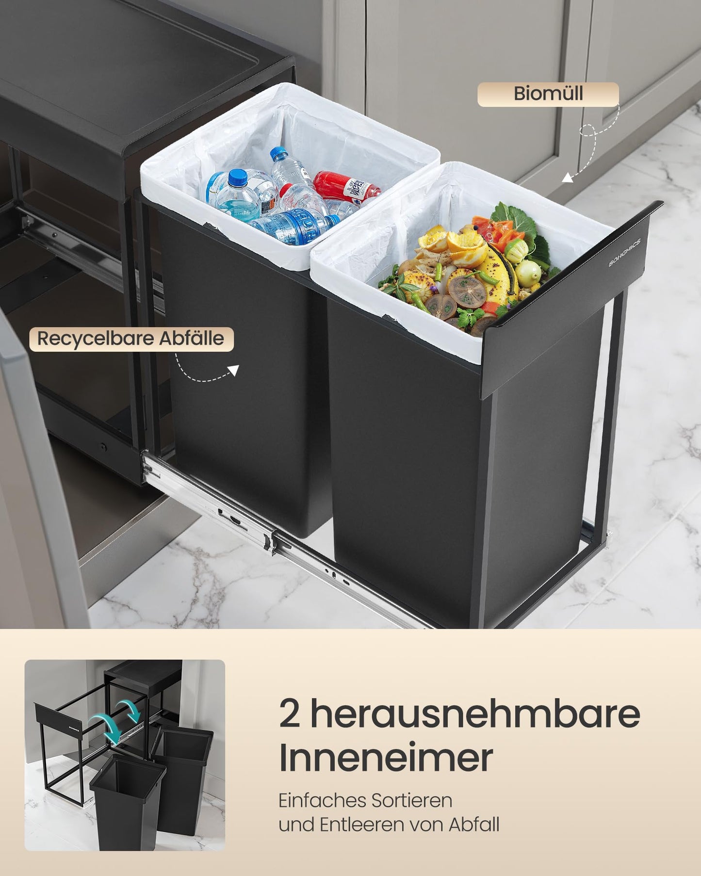 SONGMICS kitchen trash can, trash separation system for base cabinet, 2 x 15 L, trash can with 2 compartments, extendable, steel frame, ABS lid, ink black LTB950B01