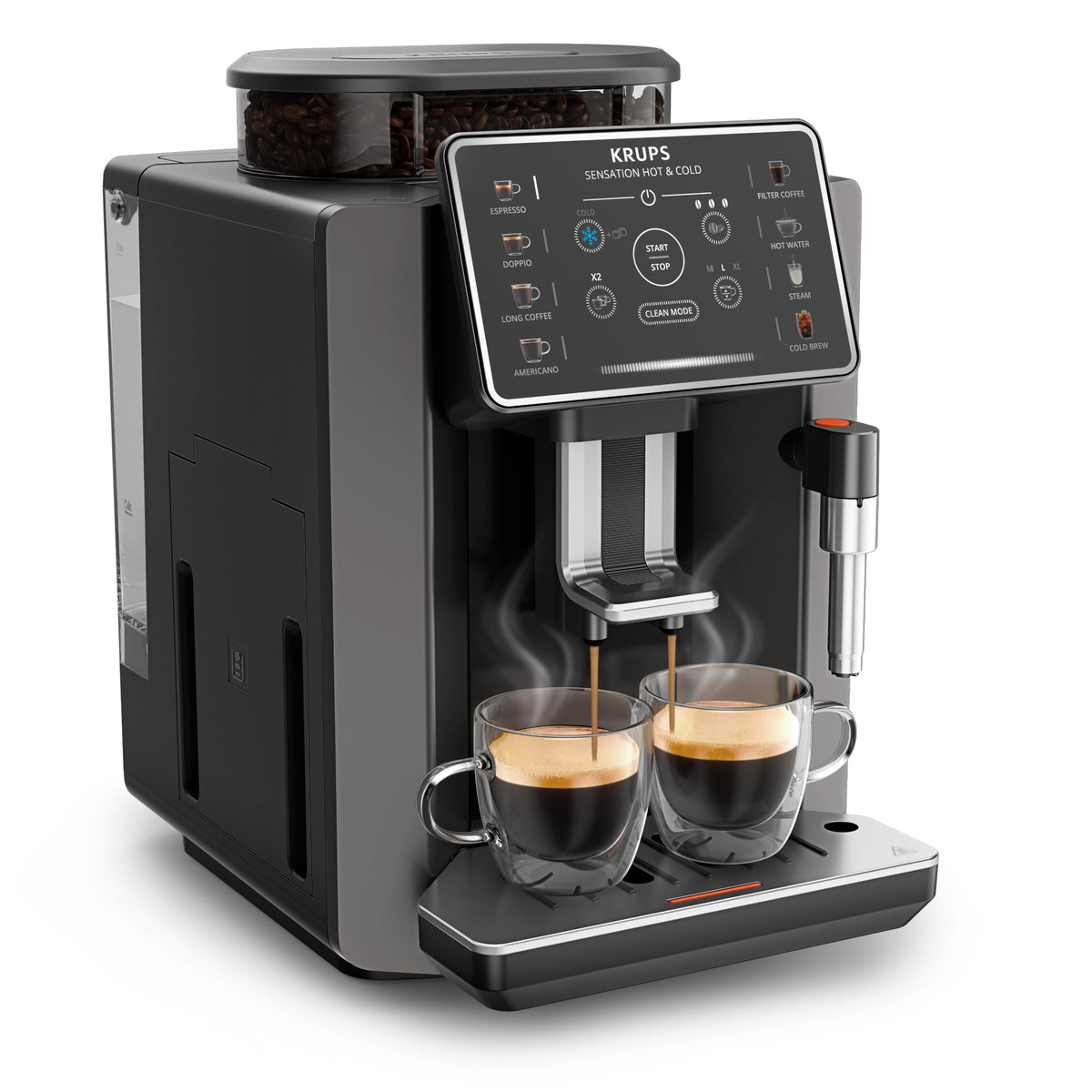 KRUPS Sensation Hot & Cold Coffee Machine, 12 recipes, intuitive operation, complete customization, steam nozzle, cold brew aroma technology, automatic cleaning, dark gray, EA913HE0