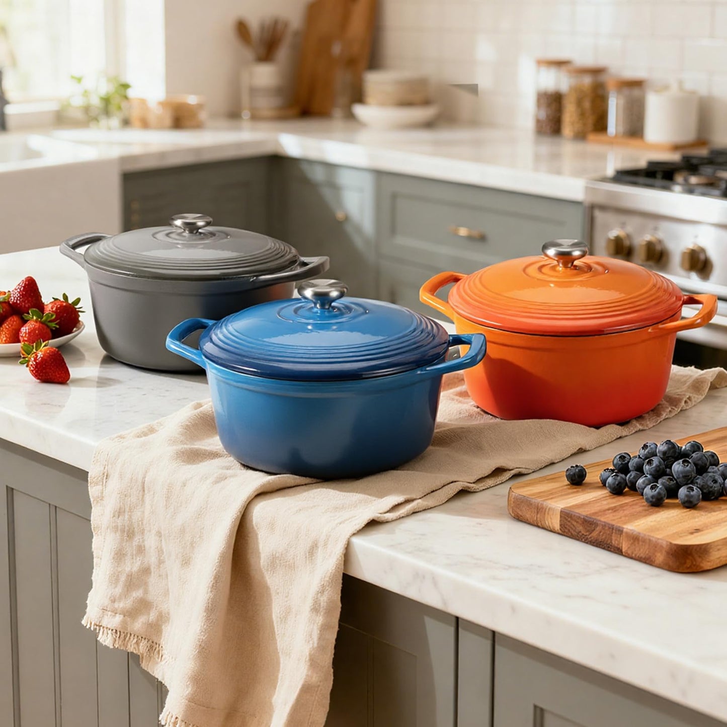 Overmont roasting pan enamel cast iron pot - casserole dish 26cm oven-safe - with lid and cookbook - for kitchen baking stewing roasting gray - Enamelled