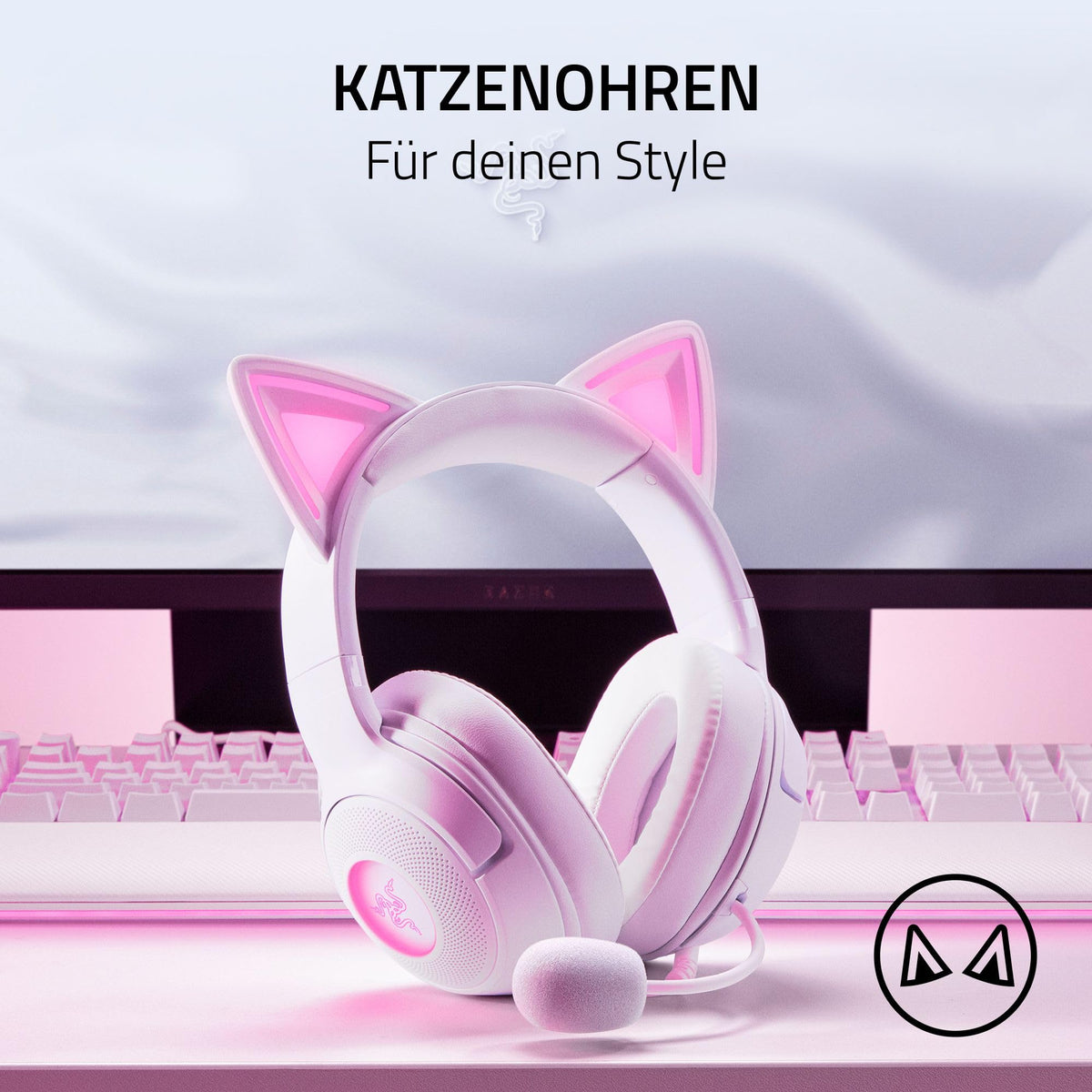 Razer Kraken Kitty V2 - Wired RGB headset with kitty ears for gaming and streaming (325 g, Triforce 40 mm drivers, HyperClear cardioid mic, surround sound) White - RZ04-04730600-R3M1
