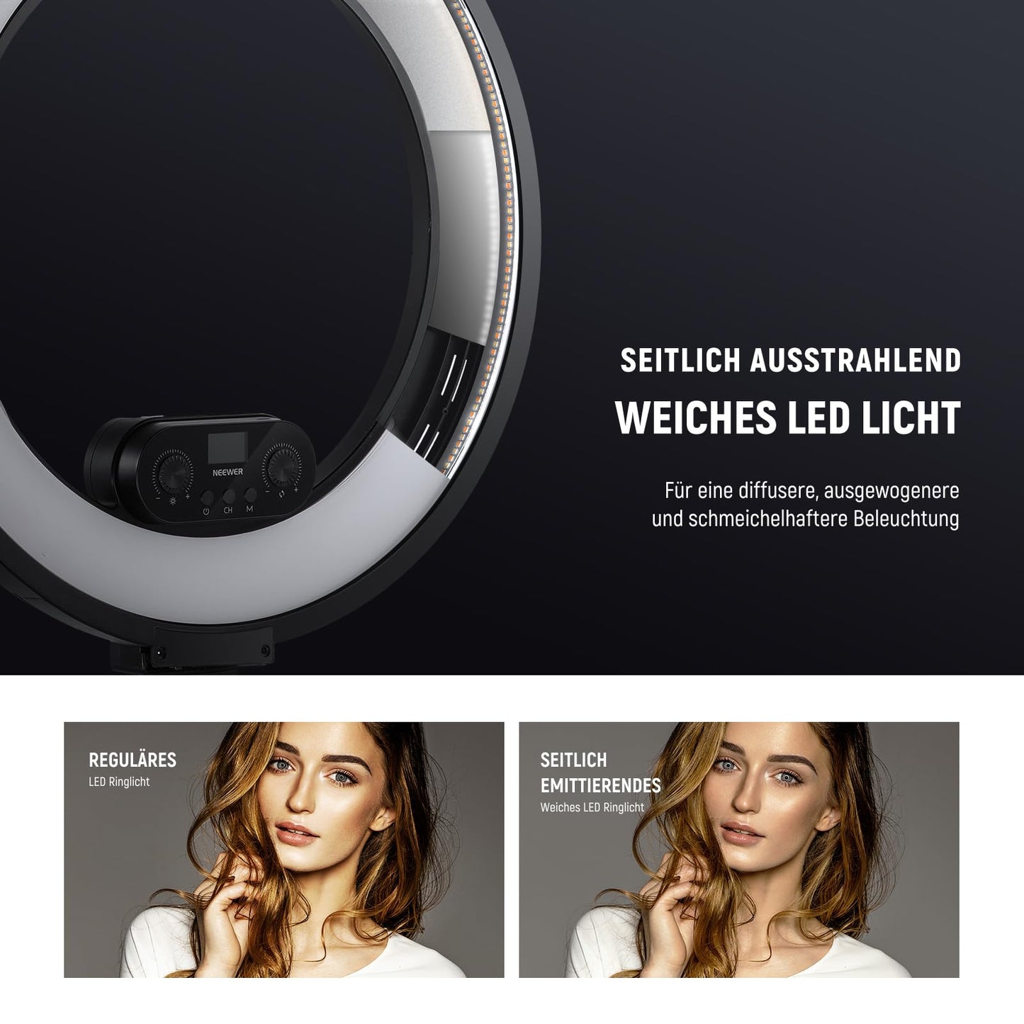 NEEWER 18" ring light set with edge lighting, 45W 3300Lux 2900K-7000K 12 scenes ring light with APP 2.4G PC Mac control, remote control, tripod bag for make-up, TikTok, Ins, live stream, RL45B - 10103370