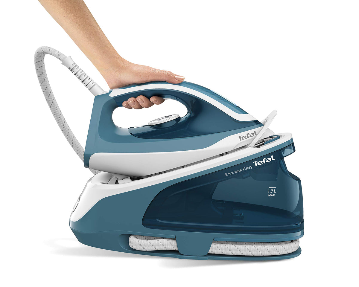 Tefal Express Easy Steam Station for all fabrics, quick ironing with high steam output, anti-calc system with removable calc collector, vertical steaming, and automatic shut-off, Turquoise/White. - SV6131
