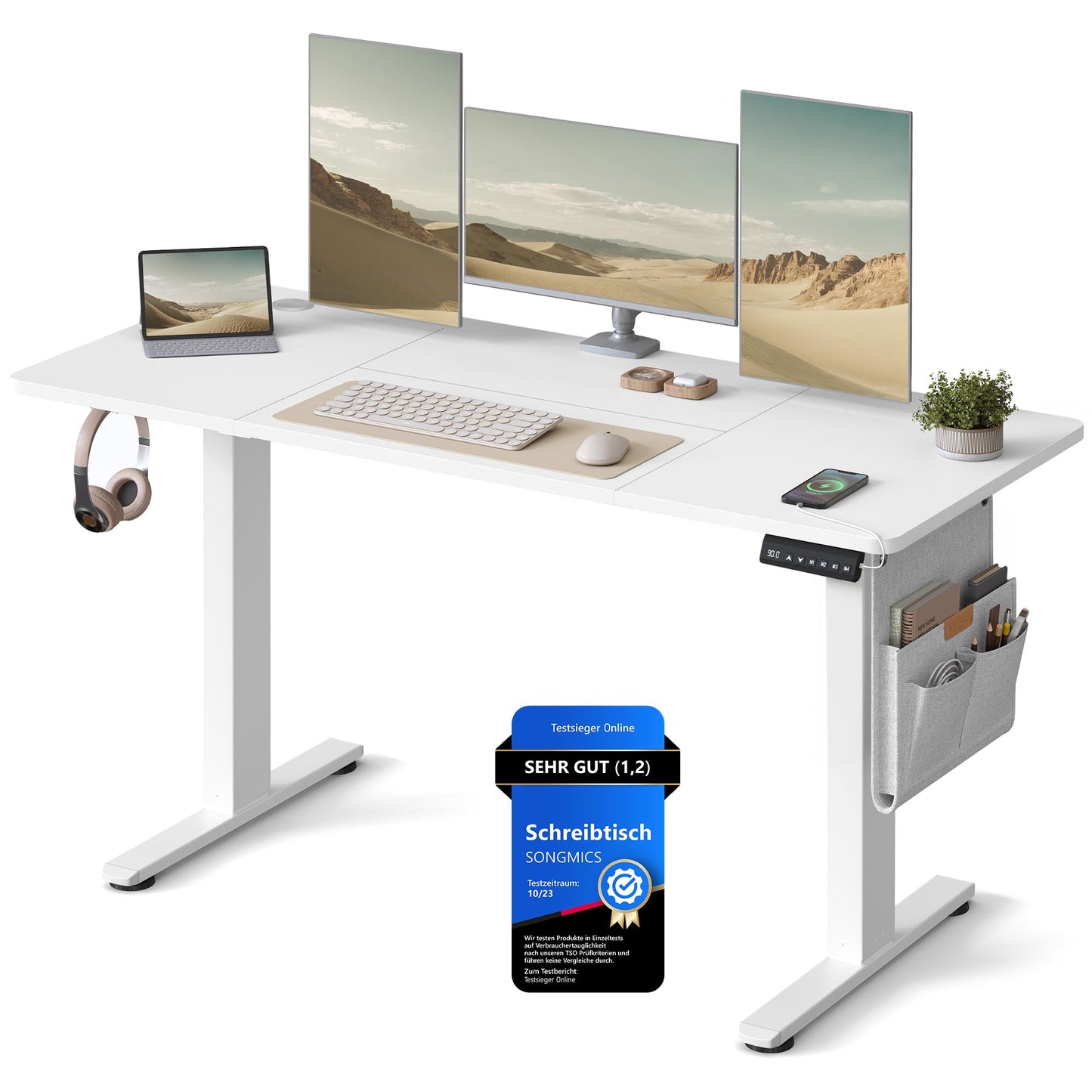 SONGMICS Electric height-adjustable desk, 140 x 60 cm, continuously adjustable, memory function with 4 heights, for office, cloud white LSD134W01 - LSD03X01