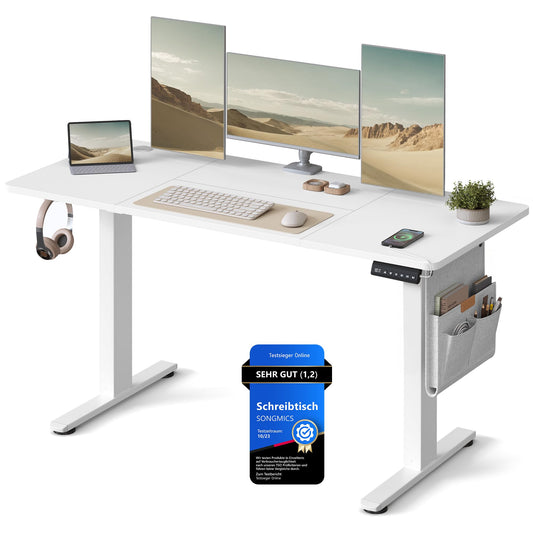 SONGMICS Electric height-adjustable desk, 140 x 60 cm, continuously adjustable, memory function with 4 heights, for office, cloud white LSD134W01 - LSD03X01
