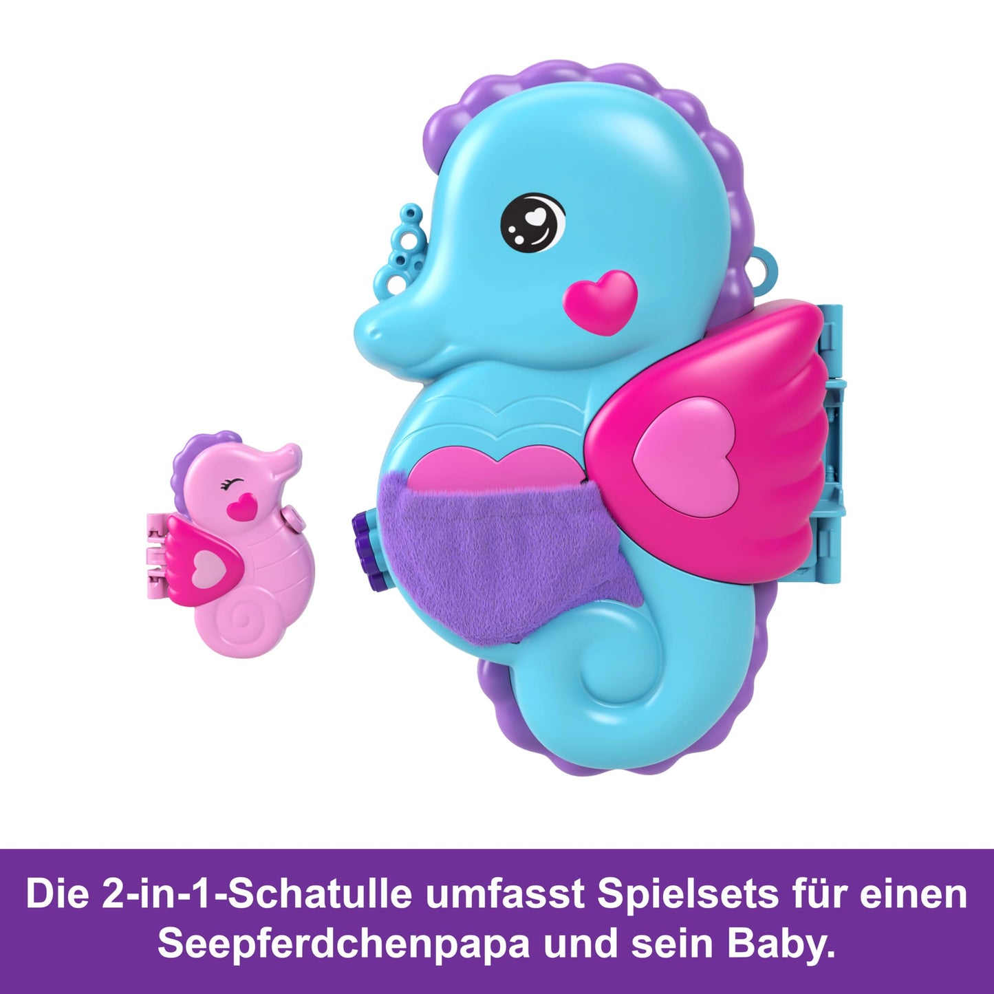 Polly Pocket Dolls and Animal Playset with 13 Accessories, 2-in-1 Daddy and Me Seahorse Box, Portable Bag and Animal Toy, with Shani, HWP03