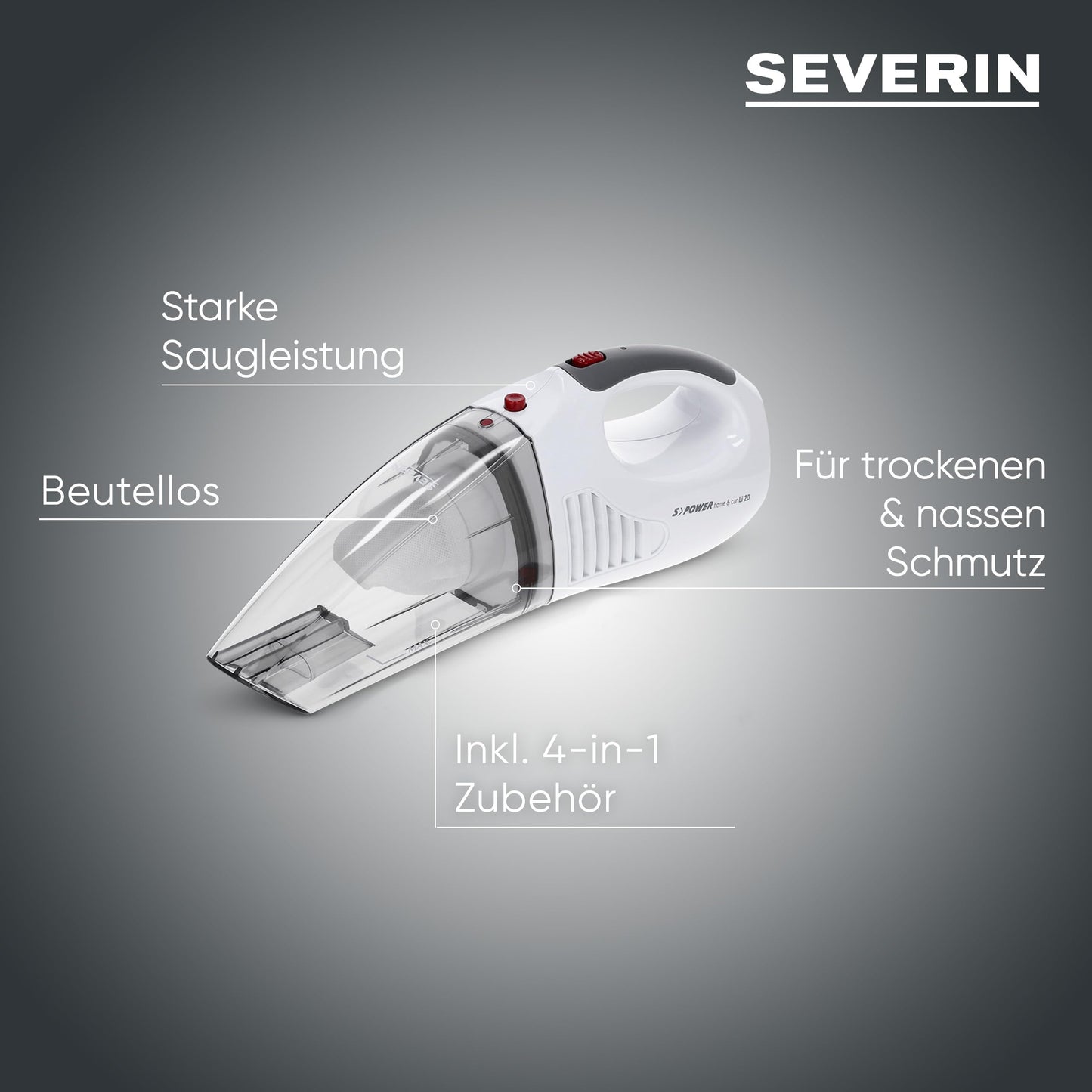 SEVERIN 3-in-1 cordless handheld vacuum cleaner S'POWER home & car, wireless wet & dry vacuum cleaner with 7.4V Li-ion battery, car vacuum cleaner including 12V charging cable, white/red, HV 7144