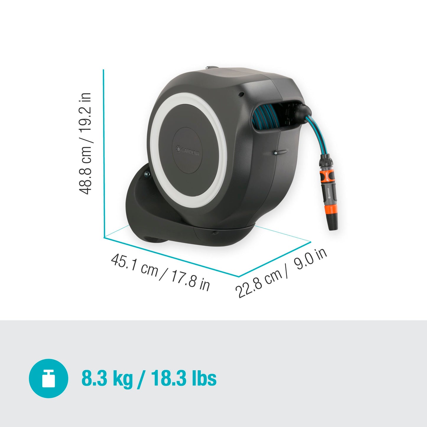 Gardena wall hose box RollUp M 20 m: Flexible irrigation for medium-sized gardens, swiveling hose reel, with wall bracket, system parts and syringe incl. 20 m Gardena hose (18612-60)