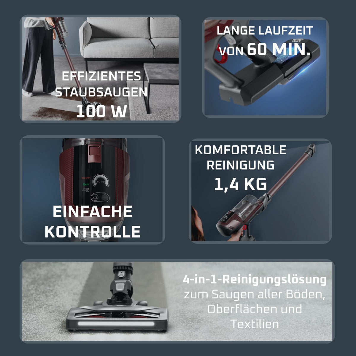 Rowenta X-Pert 6.80 aspirator vertical fără fir cu acumulator, putere de 100 AW, autonomie de până la 60 de minute, duză LED, cântărește doar 1,4 kg ca aspirator de mână, inclusiv accesorii pentru părul de animale, roșu vin, RH6483E0
