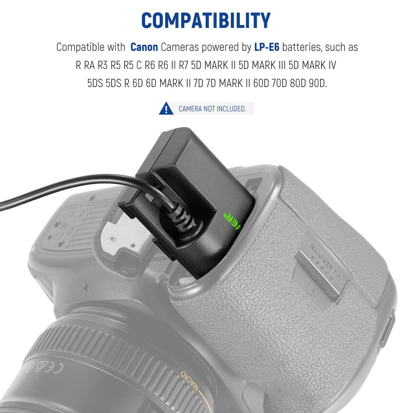 NEEWER Dummy Battery Replacement for LP-E6 LP-E6N LP-E6NH with DC Coupler and AC Power Supply Compatible with Canon EOS R Ra R5 R5C R6 R6II R7 5D 6D 7D Mark II/III/IV 5DS 5DSR 60D 70D 80D 90D - 10101750
