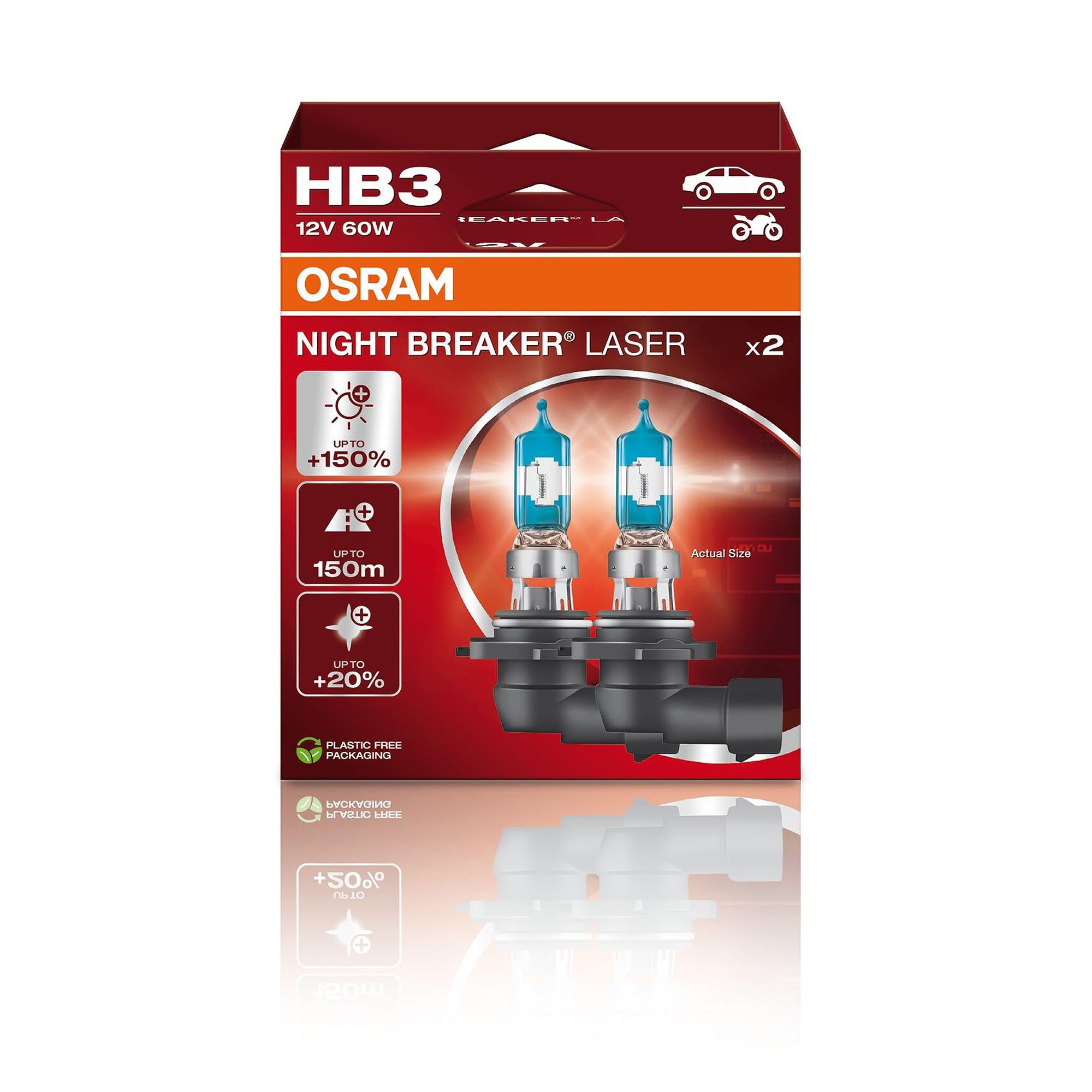 Osram NIGHT BREAKER LASER HB3, +150% more brightness, halogen headlight lamp, 9005NL-2HB, 12V car, hanging box (2 lamps)